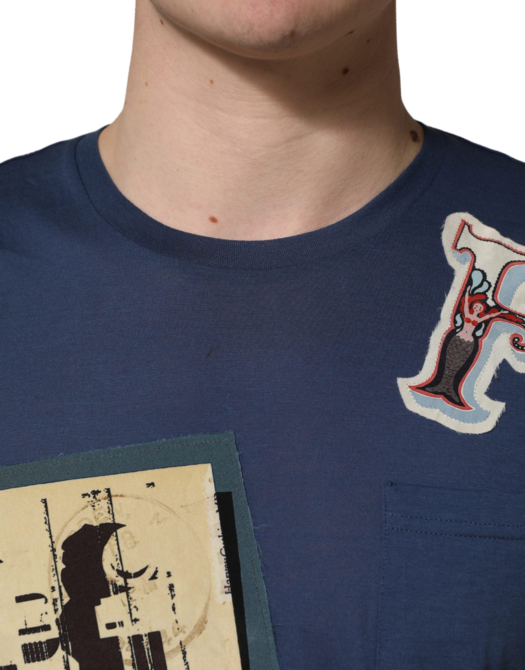 Dolce & Gabbana Navy Blue Cotton Graphic Crew Neck T-shirt