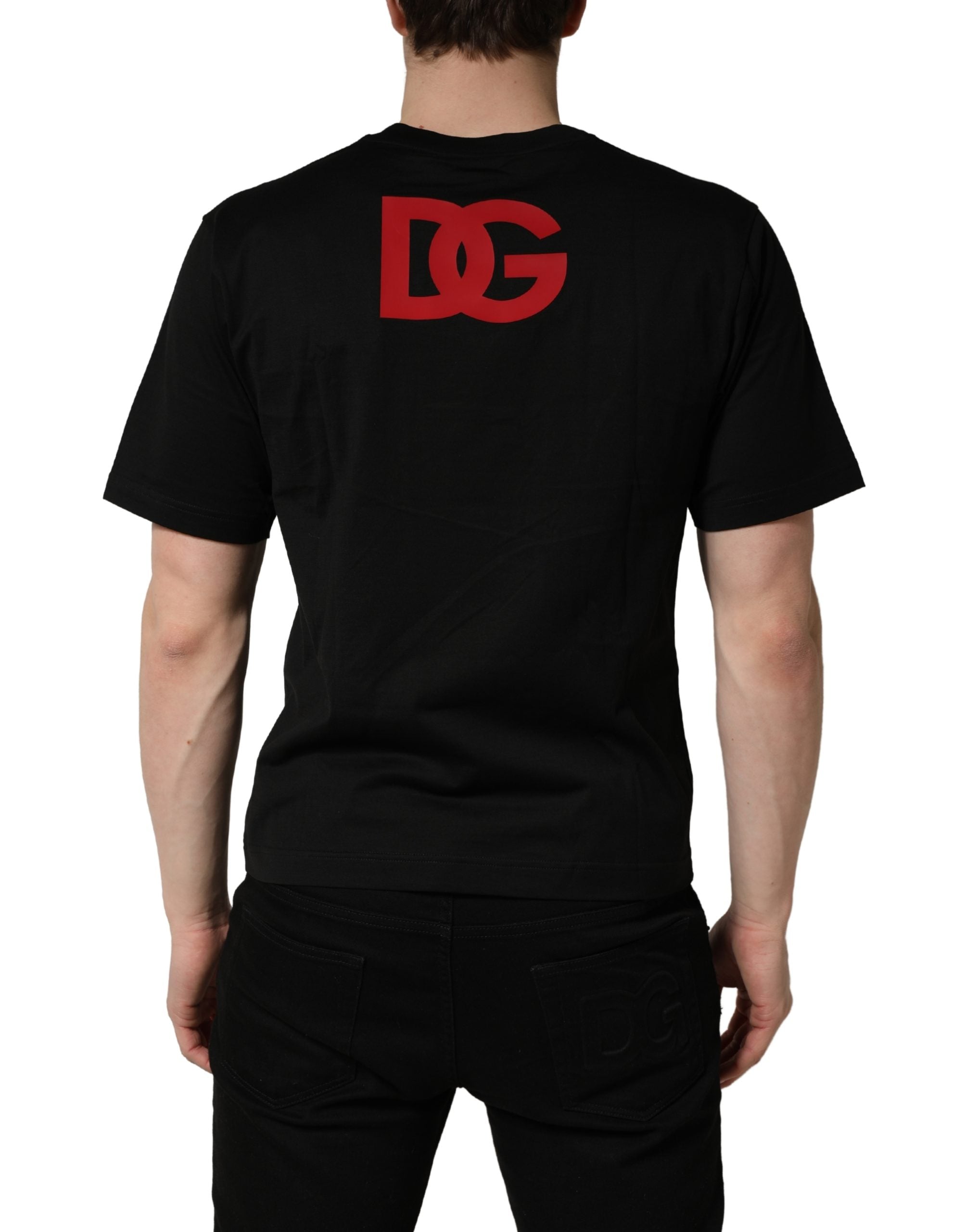 Dolce & Gabbana Schwarzes Baumwoll-Jersey-T-Shirt mit Logo-Patch und Rundhalsausschnitt
