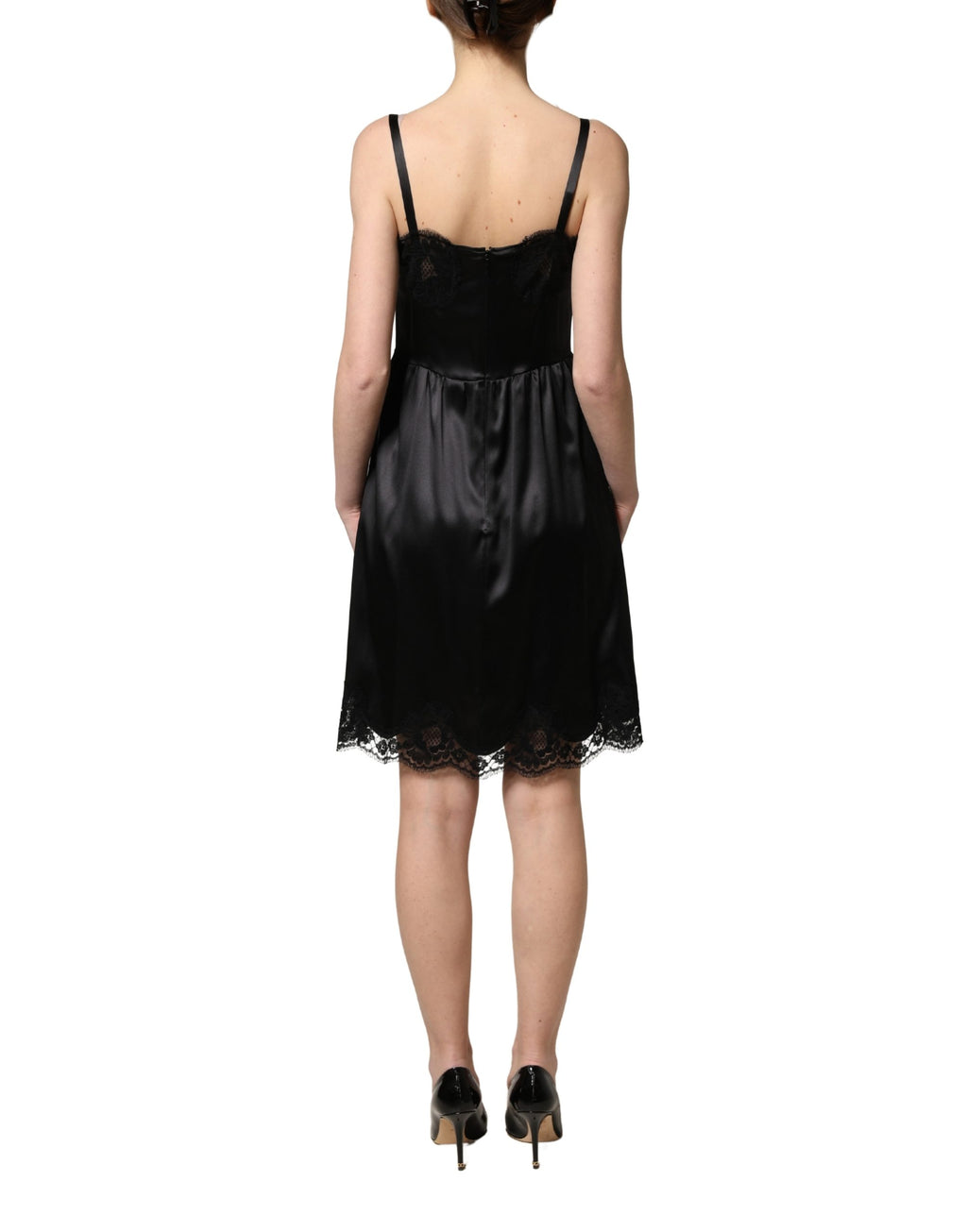 Dolce & Gabbana Schwarzes ärmelloses Minikleid aus Seidensatin mit Spitze