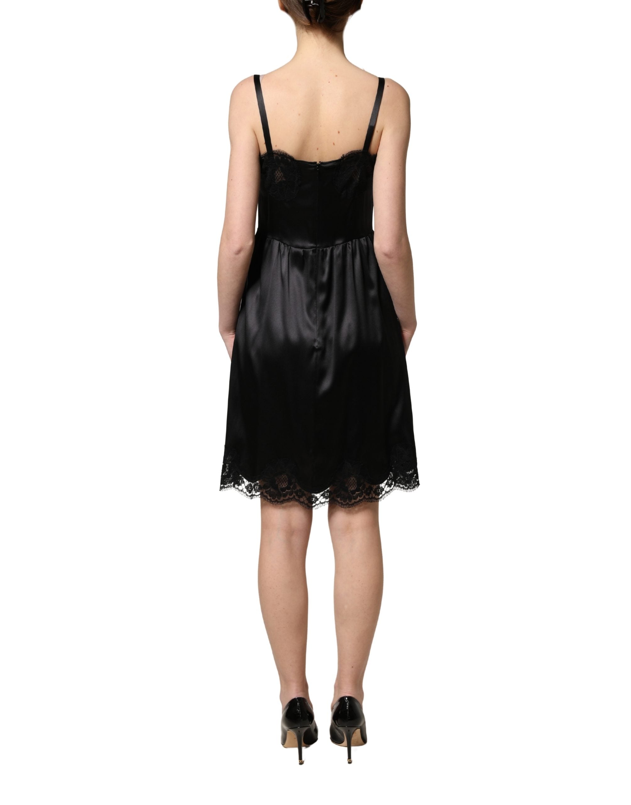 Dolce & Gabbana Schwarzes ärmelloses Minikleid aus Seidensatin mit Spitze
