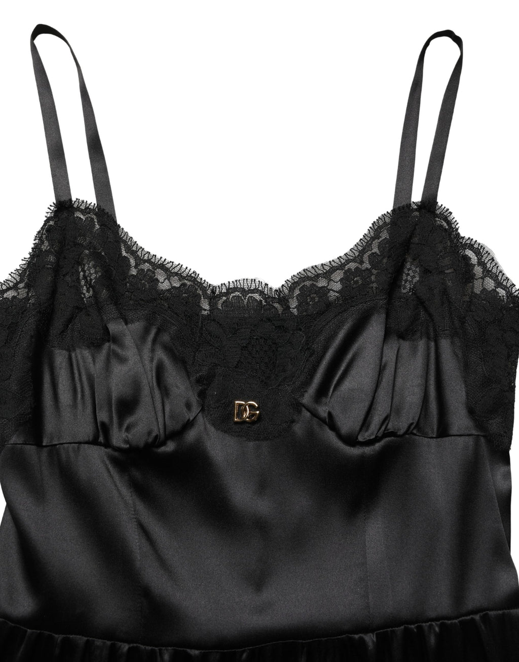 Dolce & Gabbana Schwarzes ärmelloses Minikleid aus Seidensatin mit Spitze