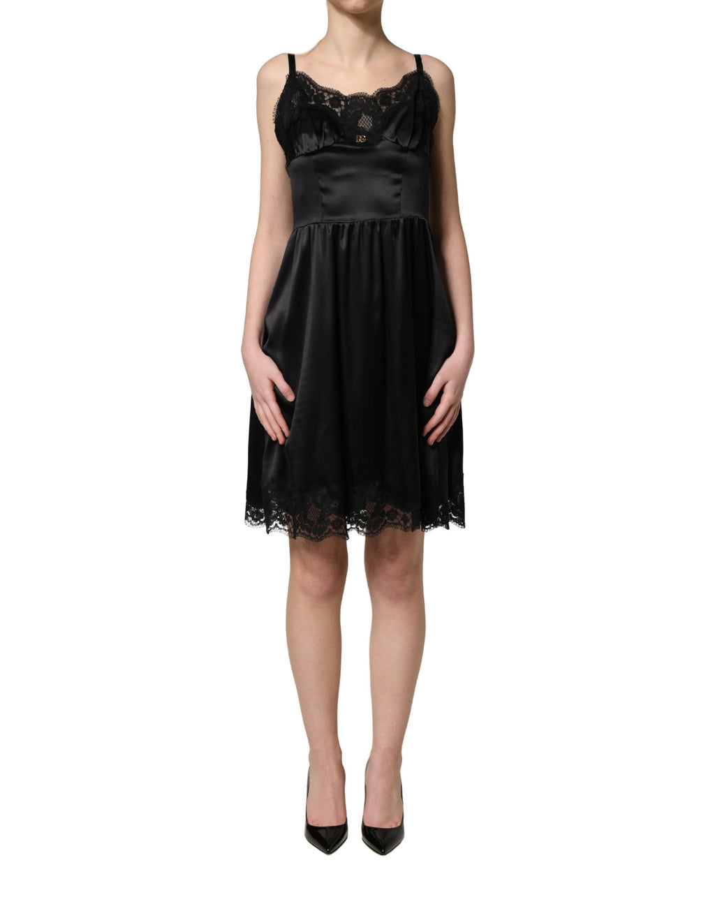 Dolce & Gabbana Schwarzes ärmelloses Minikleid aus Seidensatin mit Spitze