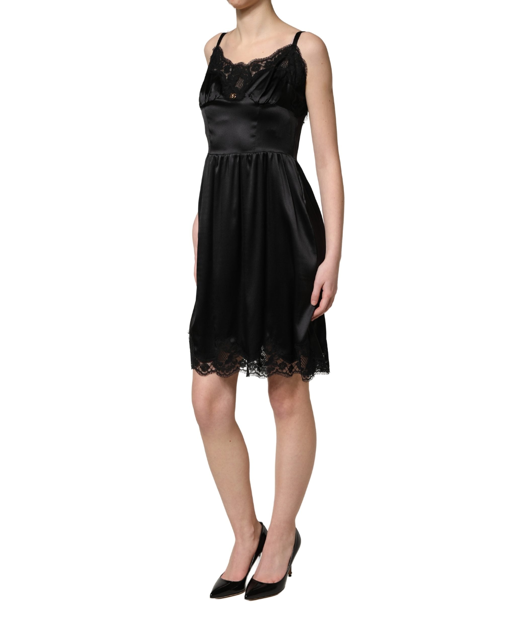 Dolce & Gabbana Schwarzes ärmelloses Minikleid aus Seidensatin mit Spitze
