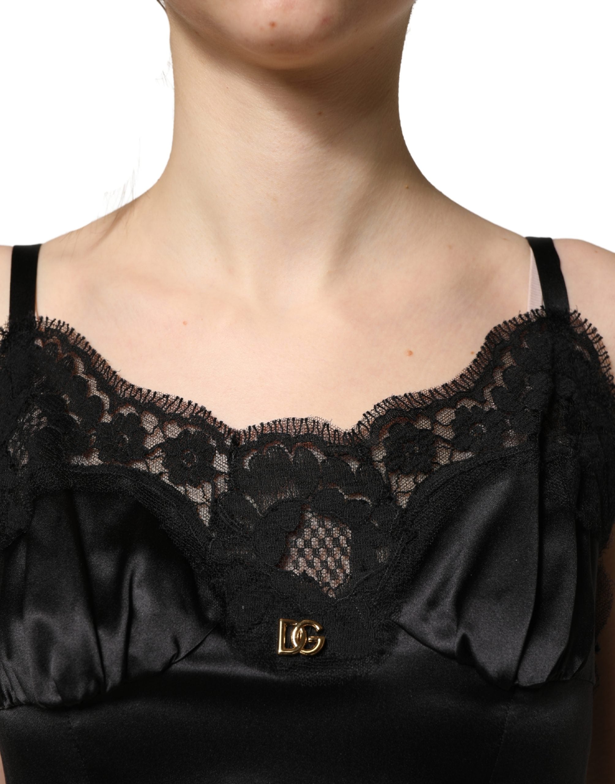 Dolce & Gabbana Schwarzes ärmelloses Minikleid aus Seidensatin mit Spitze