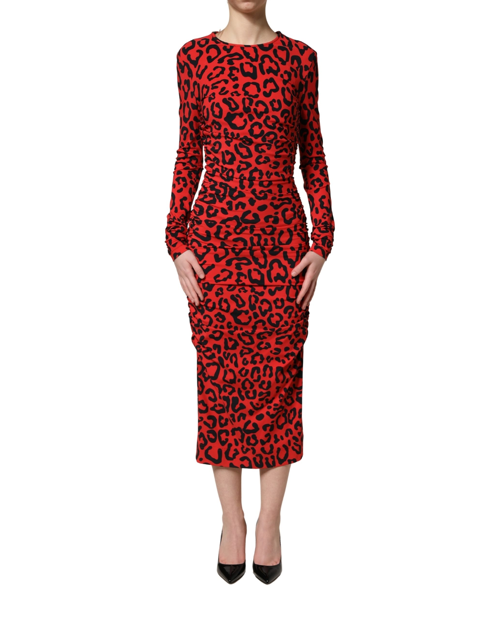 Dolce & Gabbana Rotes Midikleid mit Leopardenmuster und langen Ärmeln