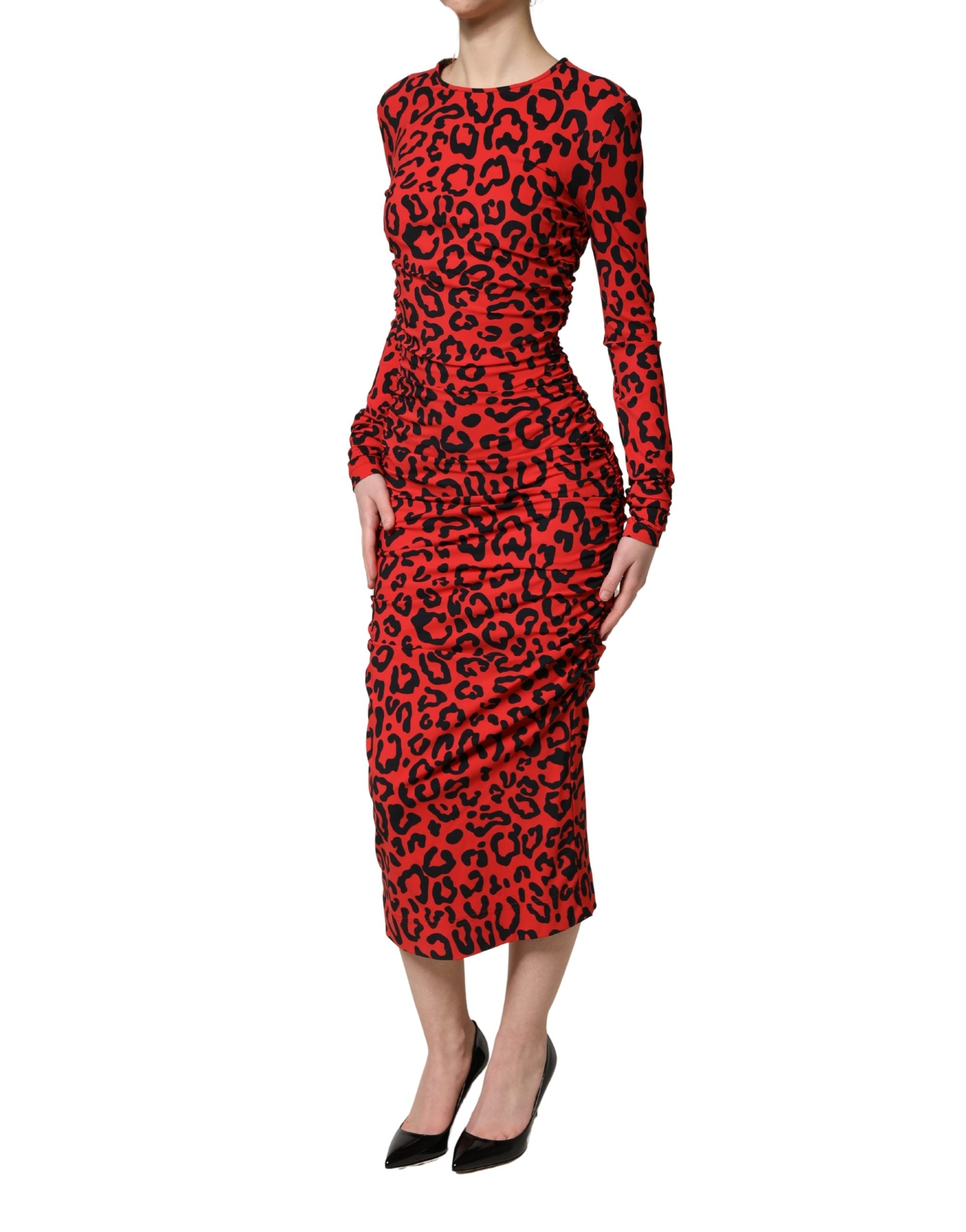 Dolce & Gabbana Rotes Midikleid mit Leopardenmuster und langen Ärmeln