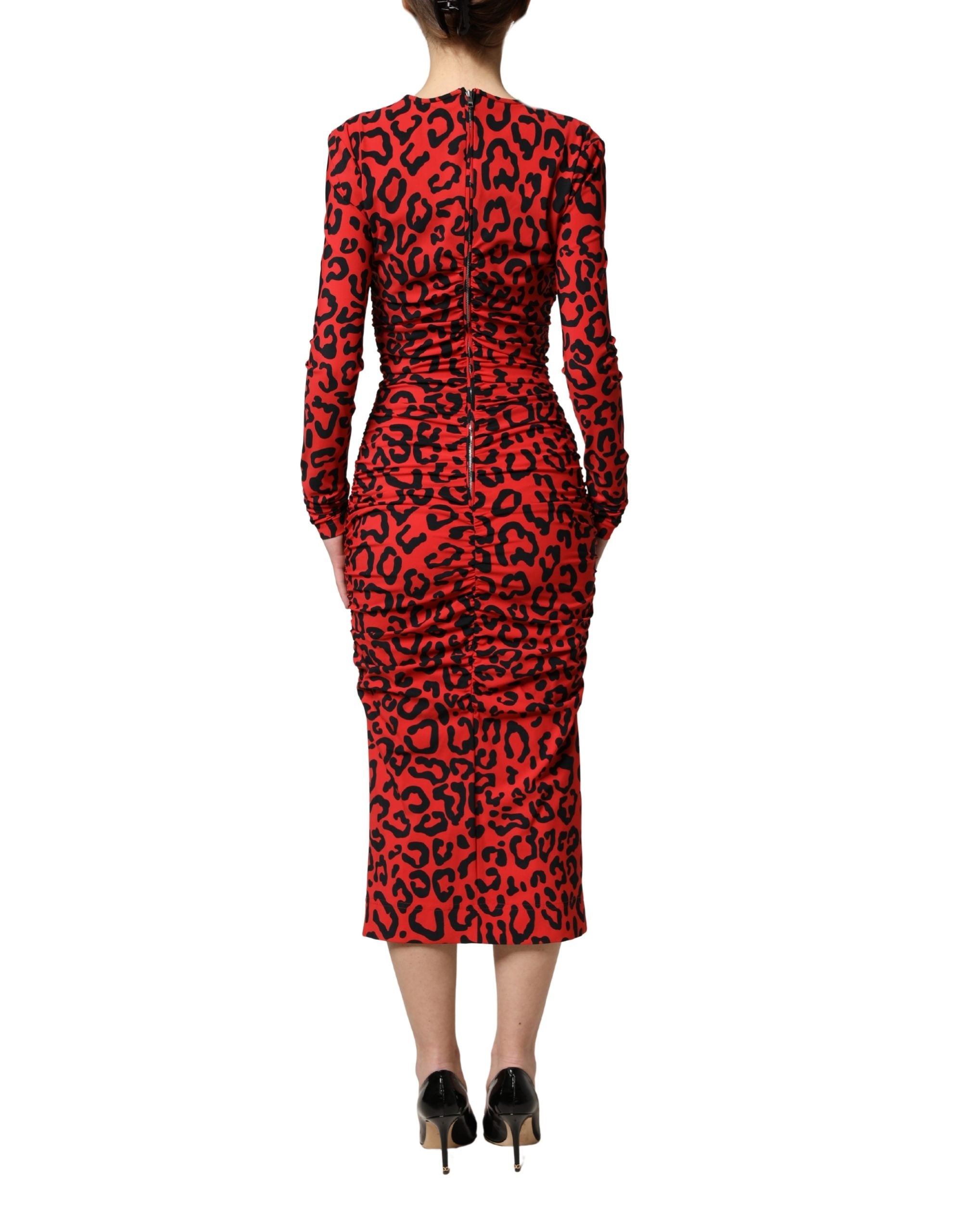 Dolce & Gabbana Rotes Midikleid mit Leopardenmuster und langen Ärmeln