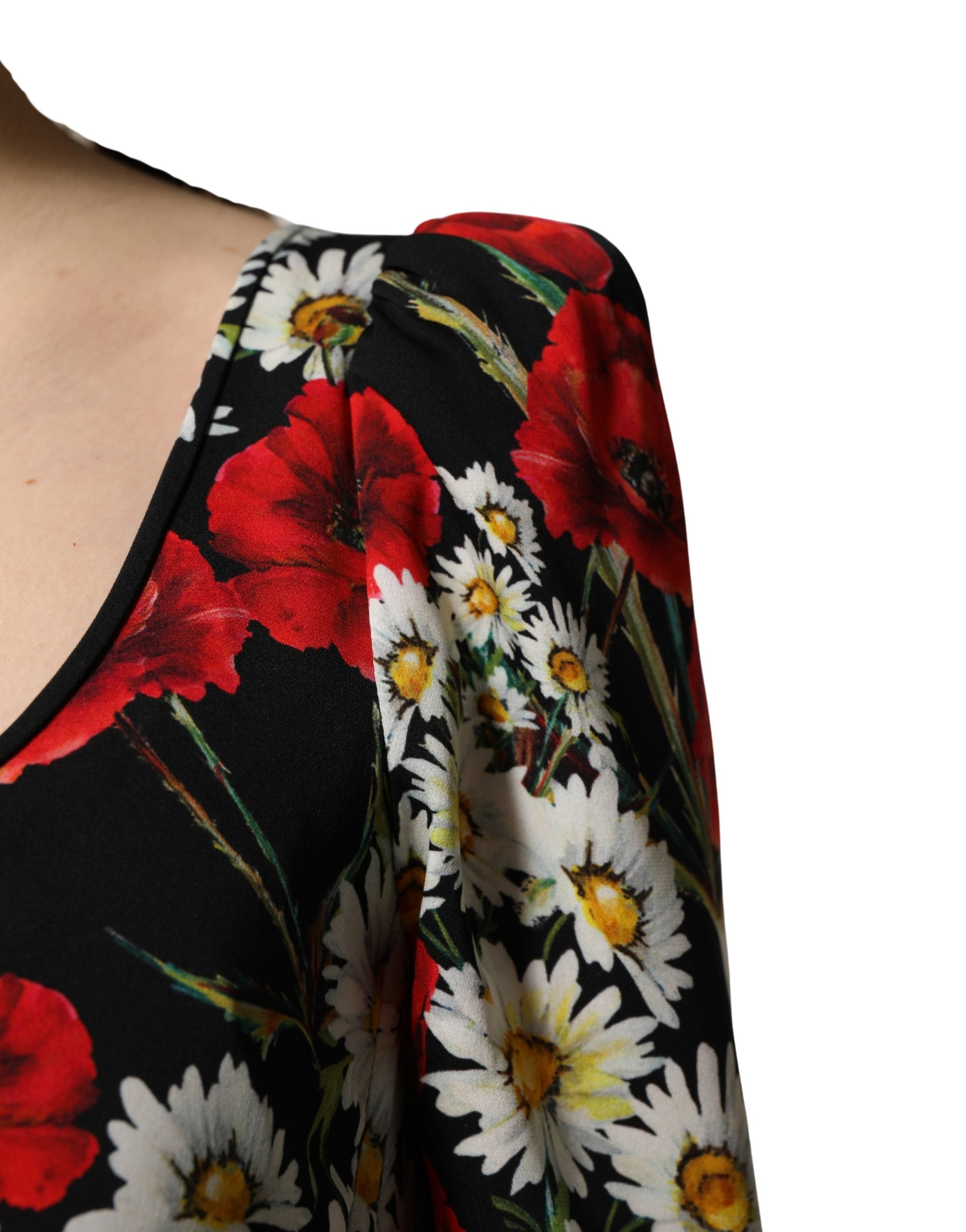 Dolce & Gabbana Schwarzes Seiden-Abendkleid mit Blumenprint und langen Ärmeln