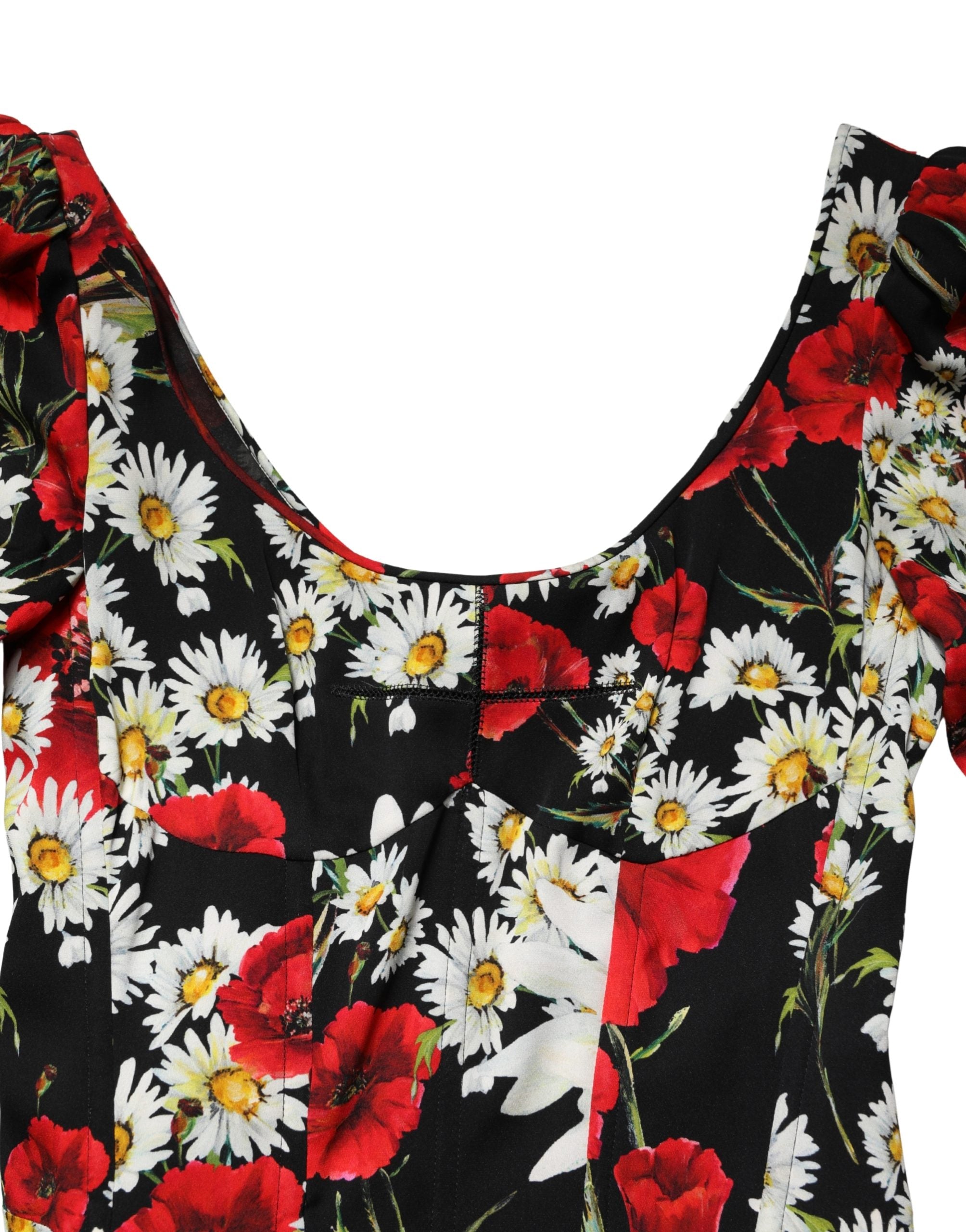 Dolce & Gabbana Schwarzes Seiden-Abendkleid mit Blumenprint und langen Ärmeln
