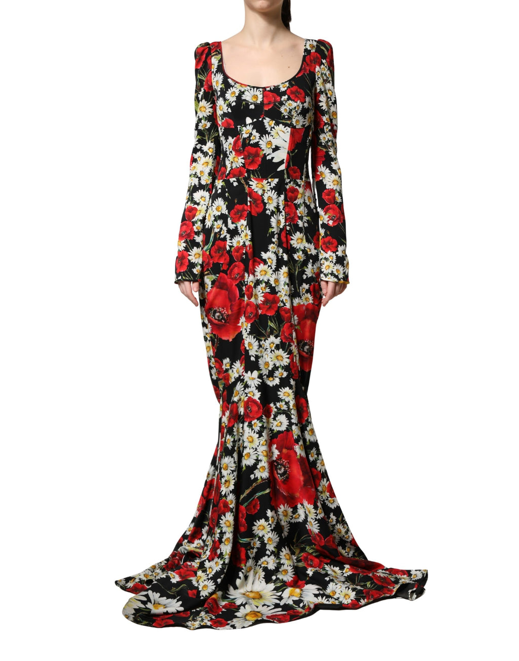 Dolce & Gabbana Schwarzes Seiden-Abendkleid mit Blumenprint und langen Ärmeln