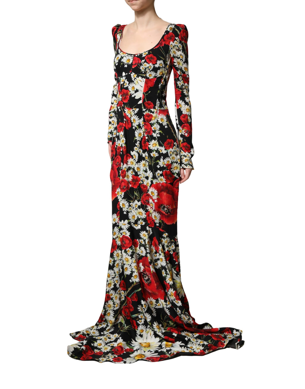 Dolce & Gabbana Schwarzes Seiden-Abendkleid mit Blumenprint und langen Ärmeln