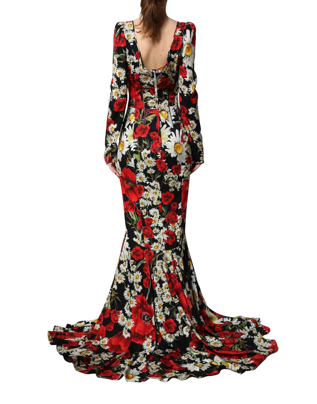 Dolce & Gabbana Schwarzes Seiden-Abendkleid mit Blumenprint und langen Ärmeln