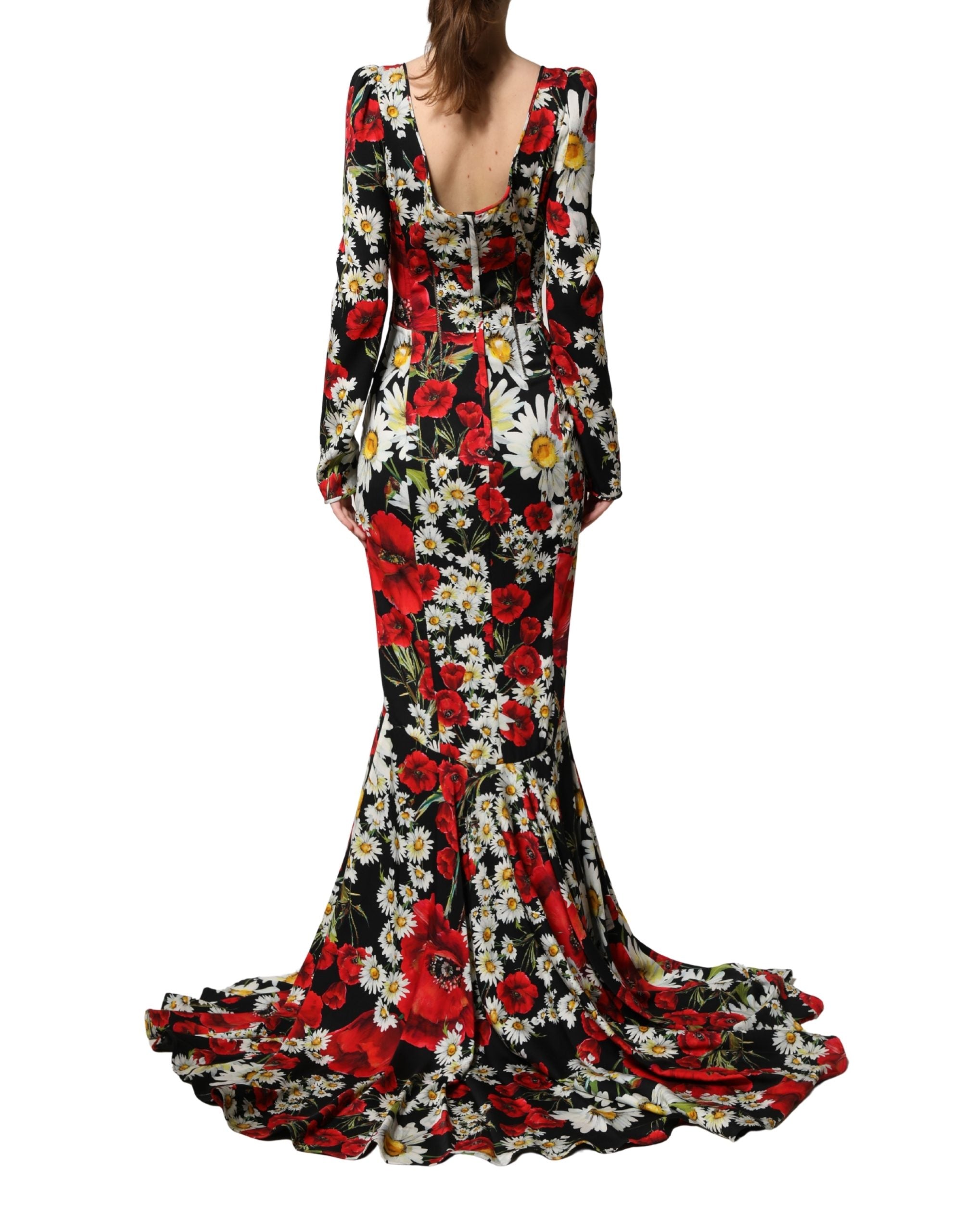 Dolce & Gabbana Schwarzes Seiden-Abendkleid mit Blumenprint und langen Ärmeln