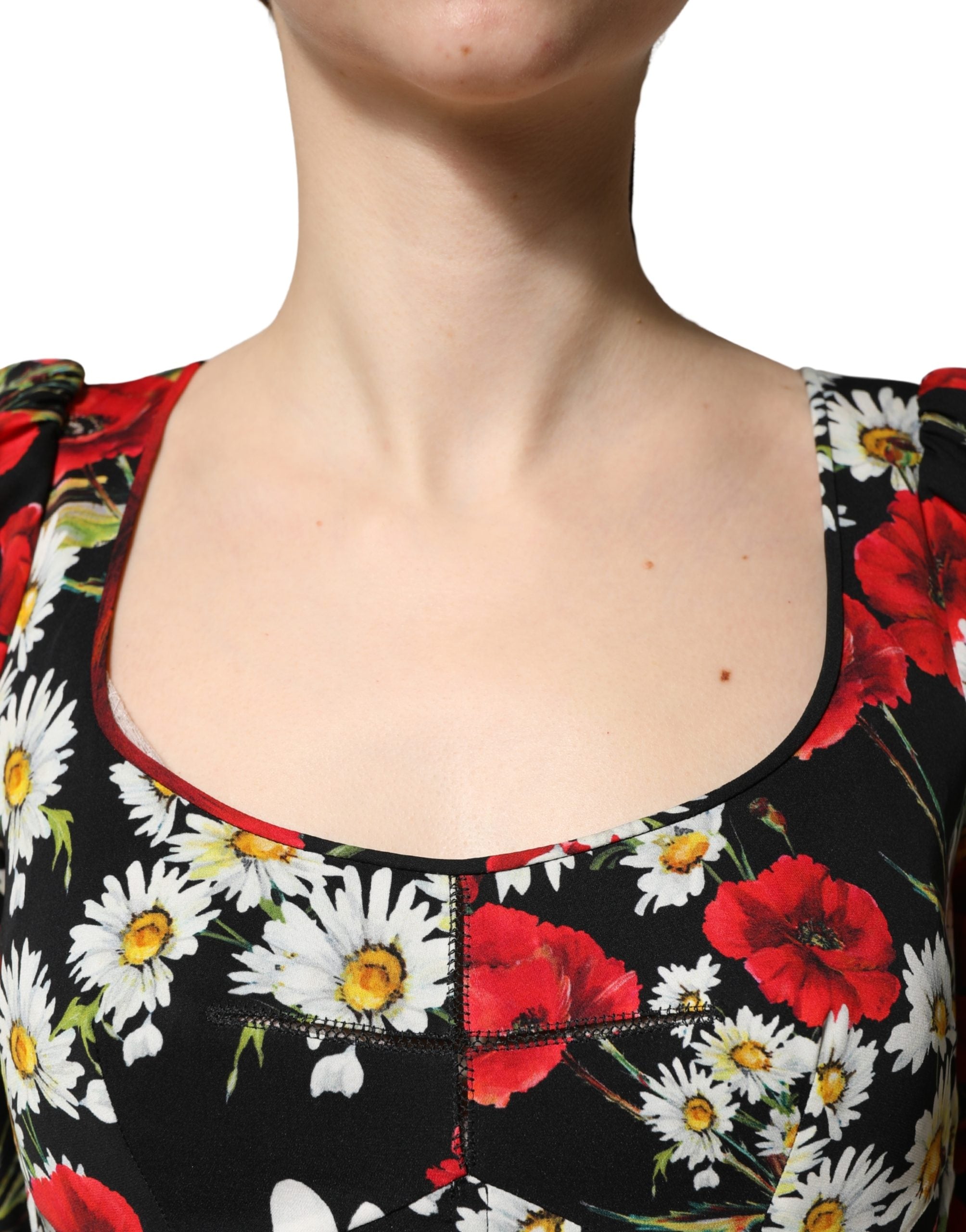 Dolce & Gabbana Schwarzes Seiden-Abendkleid mit Blumenprint und langen Ärmeln