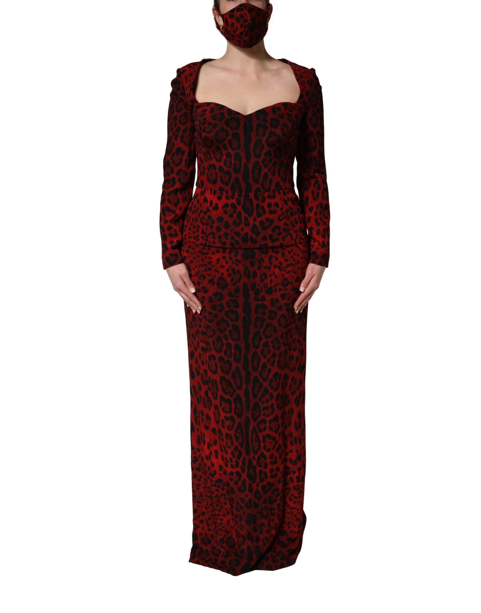 Dolce & Gabbana Rotes Etuikleid mit Leopardenmuster und langen Ärmeln