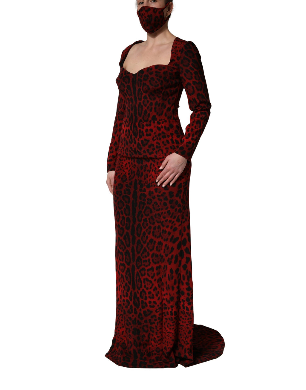 Dolce & Gabbana Rotes Etuikleid mit Leopardenmuster und langen Ärmeln