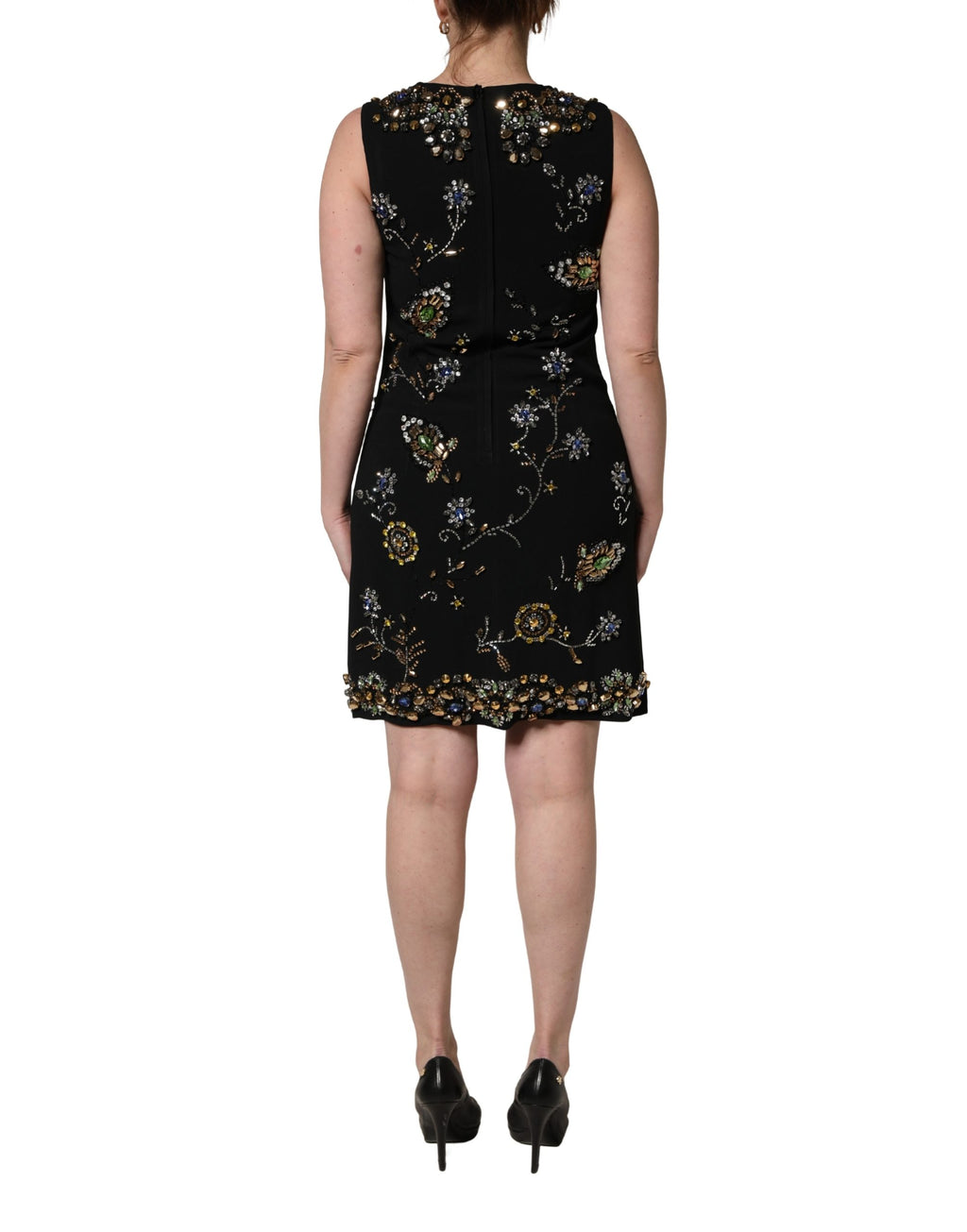 Dolce & Gabbana Schwarzes ärmelloses Kleid mit Blumenstickerei und Perlenbesatz