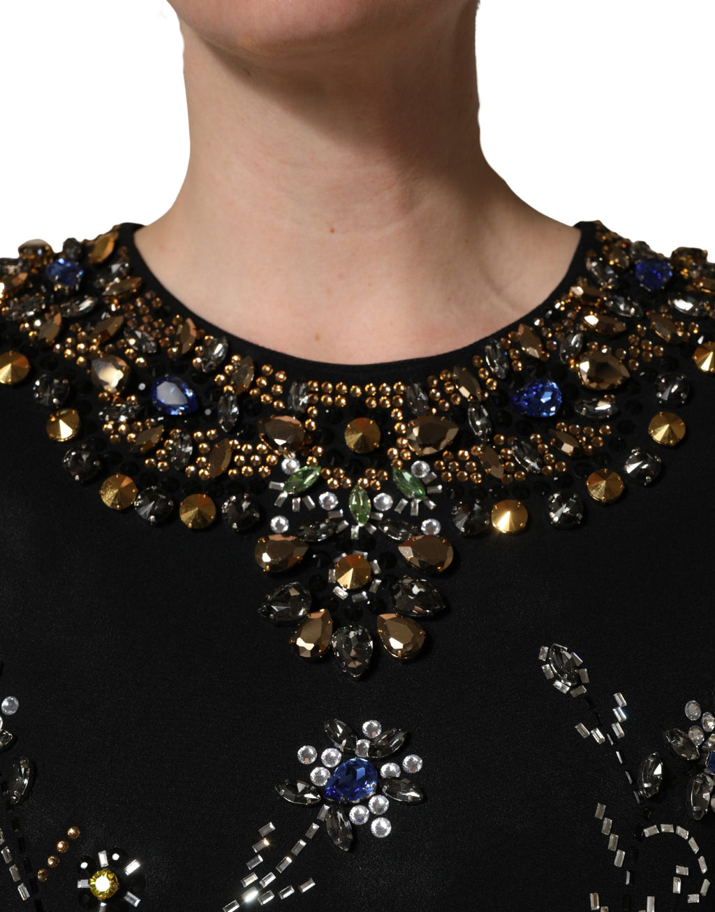 Dolce & Gabbana Schwarzes ärmelloses Kleid mit Blumenstickerei und Perlenbesatz
