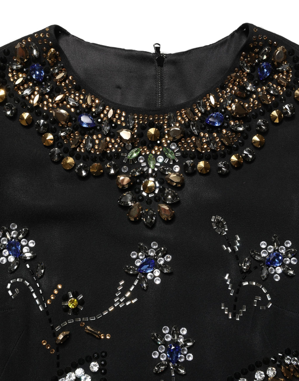 Dolce & Gabbana Schwarzes ärmelloses Kleid mit Blumenstickerei und Perlenbesatz