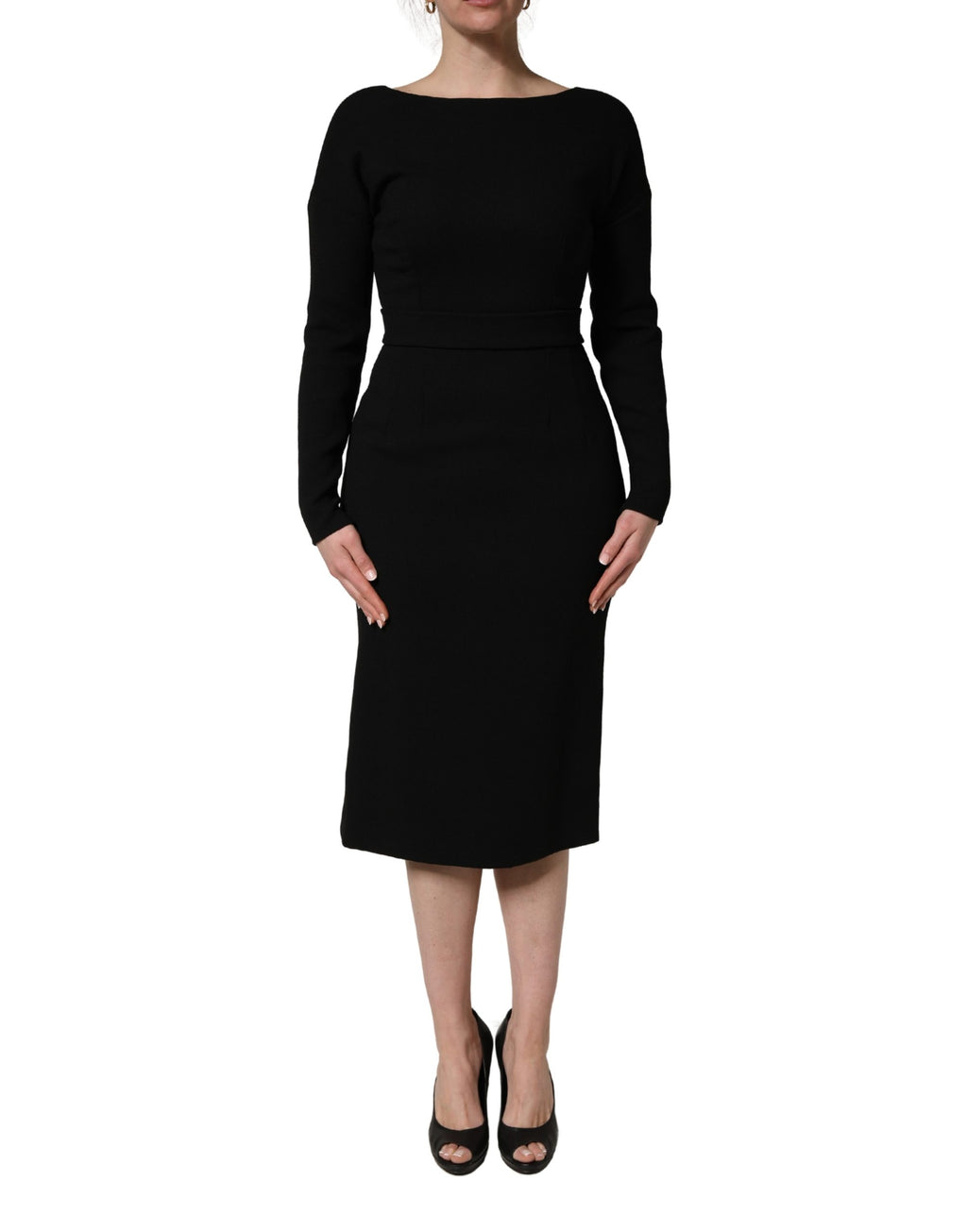 Dolce & Gabbana Schwarzes Midikleid aus Wollkrepp mit langen Ärmeln