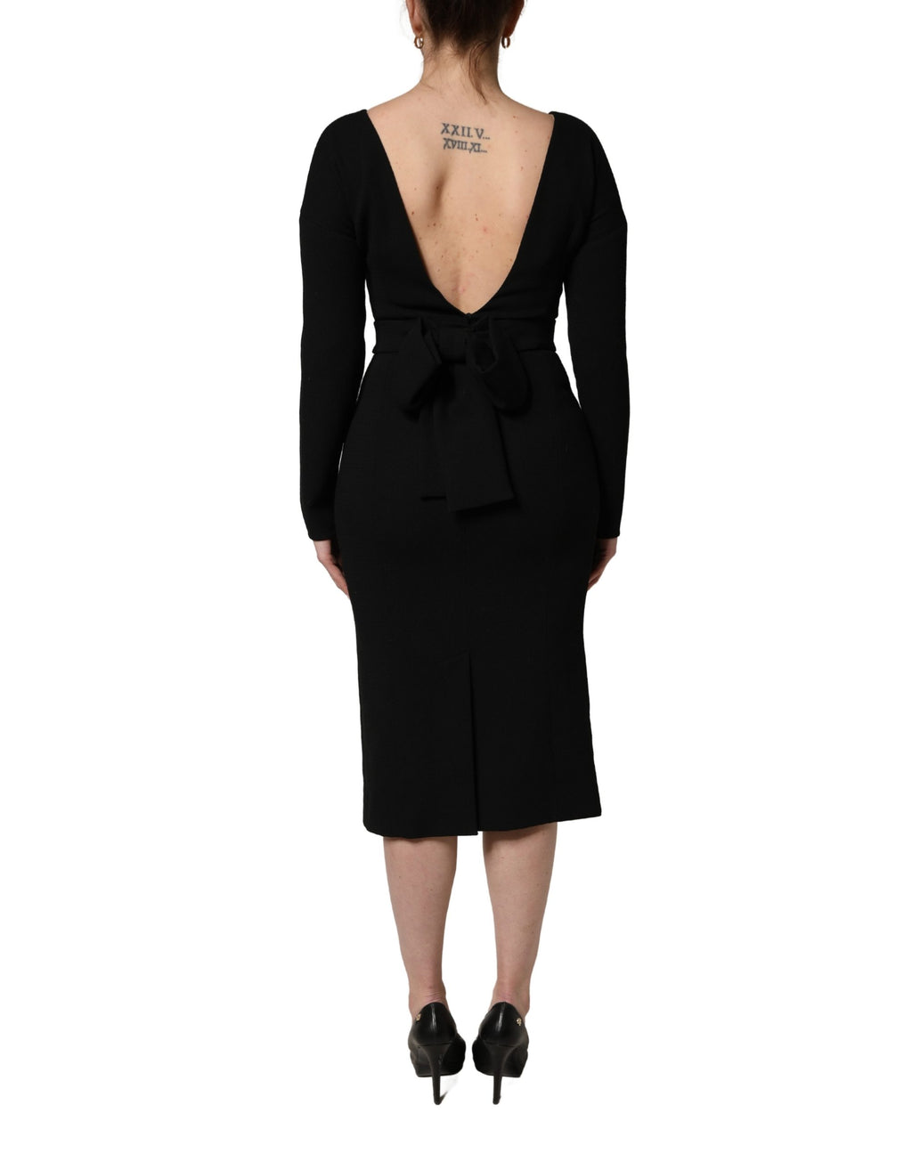 Dolce & Gabbana Schwarzes Midikleid aus Wollkrepp mit langen Ärmeln