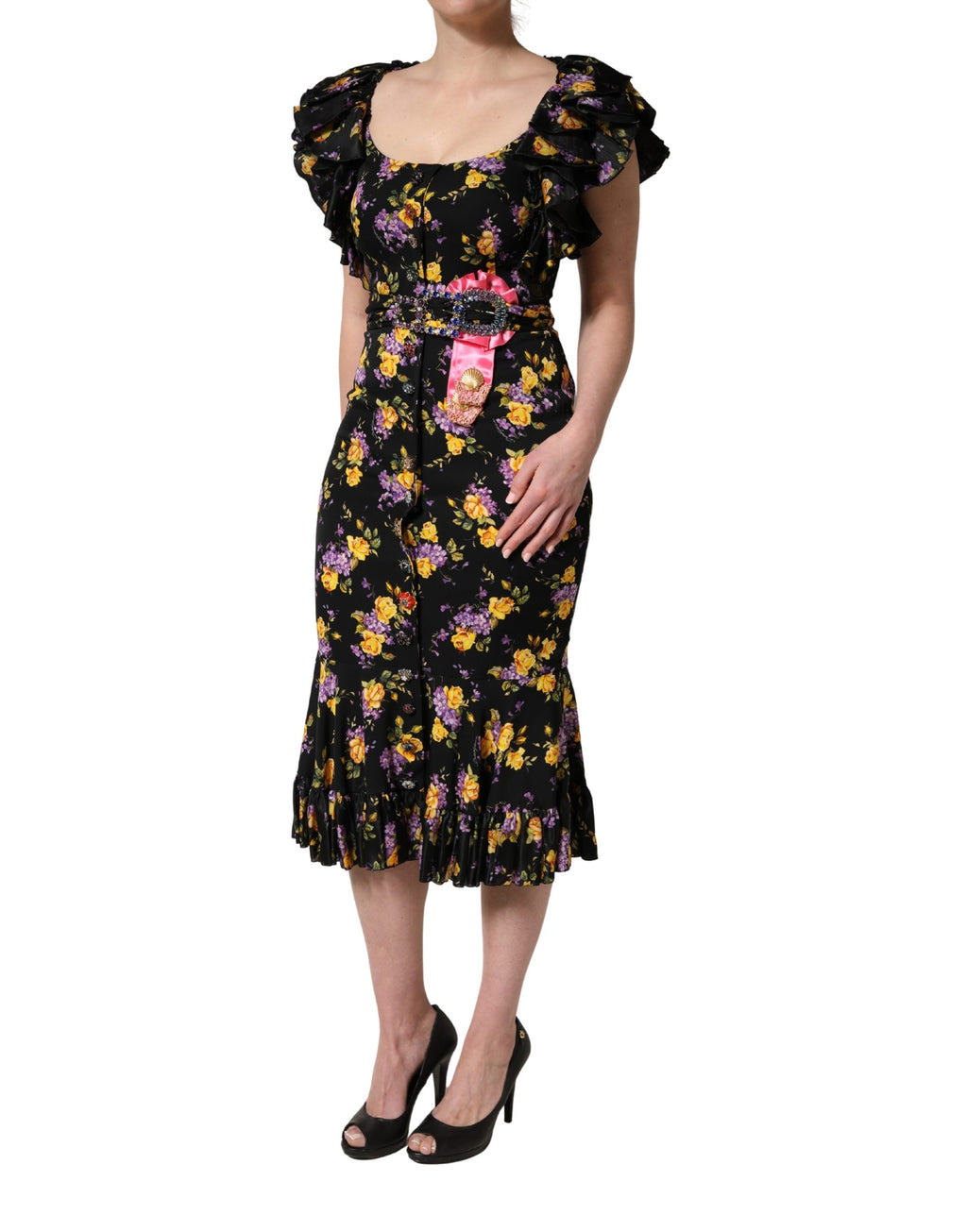 Dolce & Gabbana Midi-Kleid aus Seide mit schwarzer und violetter Kristallbrosche