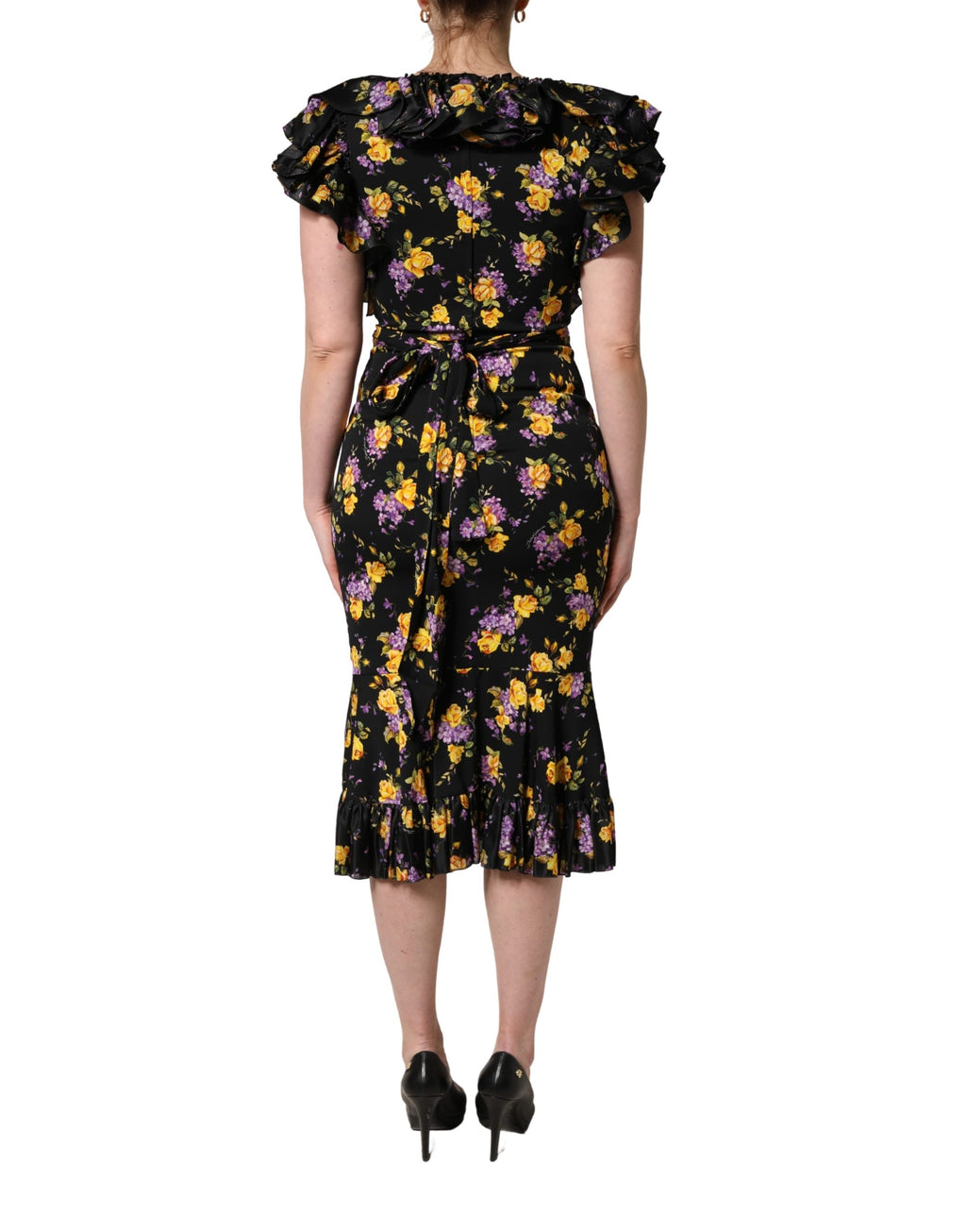 Dolce & Gabbana Midi-Kleid aus Seide mit schwarzer und violetter Kristallbrosche