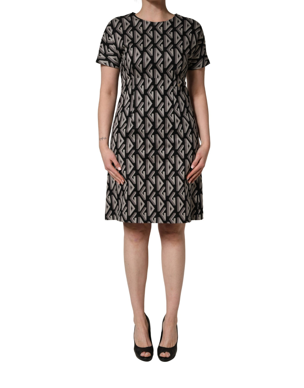 Dolce & Gabbana Schwarzes Kleid aus Baumwolle mit Logo-Print, knielang