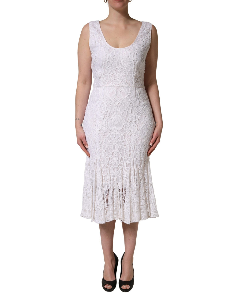 Dolce & Gabbana Weißes ärmelloses Midikleid aus Spitze mit Blumenmuster