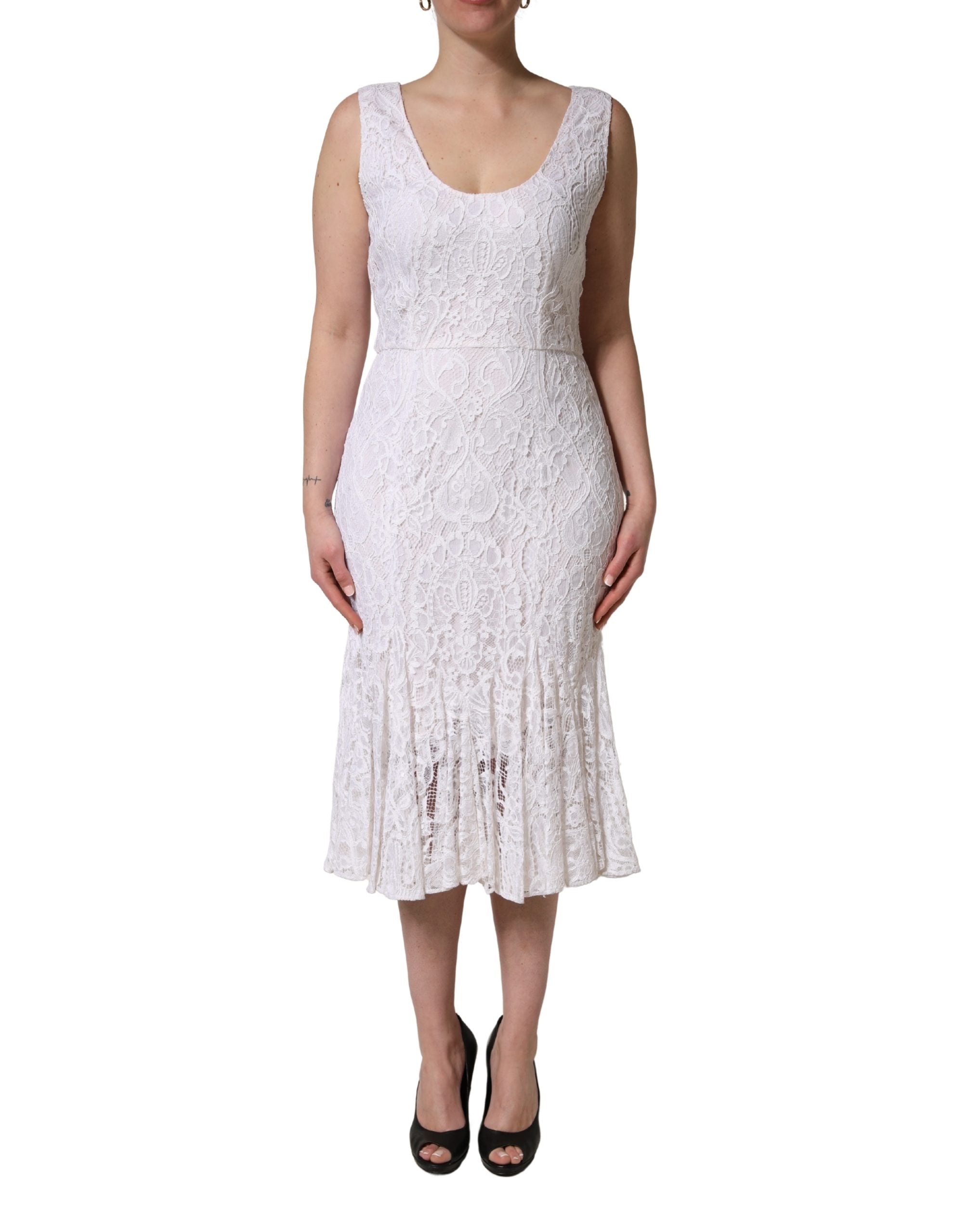 Dolce & Gabbana Weißes ärmelloses Midikleid aus Spitze mit Blumenmuster