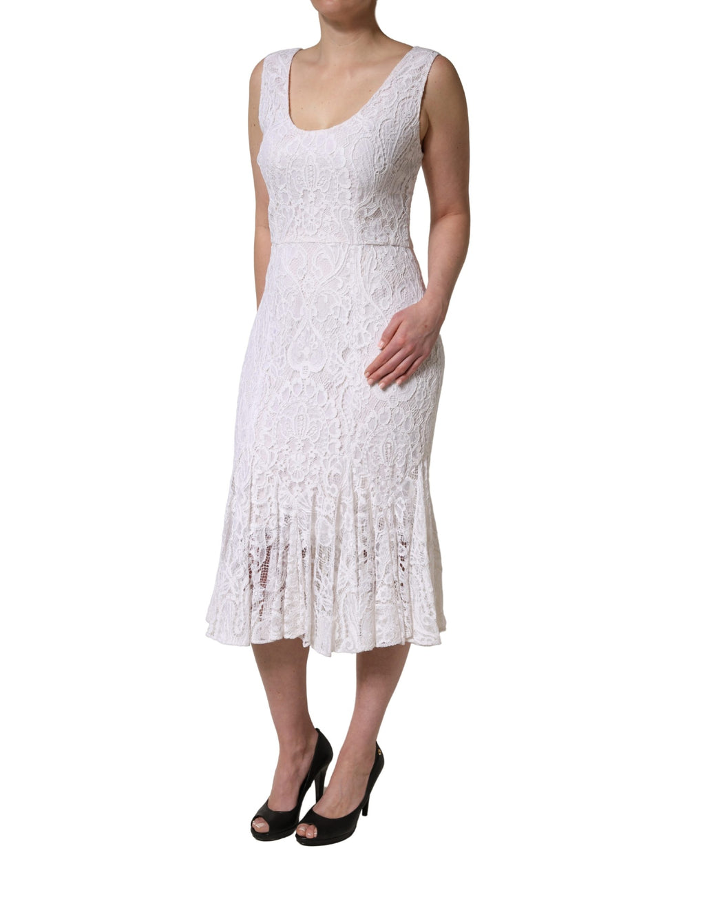 Dolce & Gabbana Weißes ärmelloses Midikleid aus Spitze mit Blumenmuster