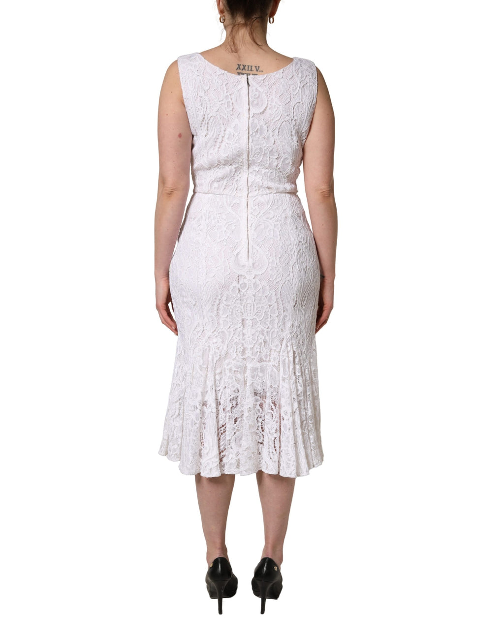 Dolce & Gabbana Weißes ärmelloses Midikleid aus Spitze mit Blumenmuster