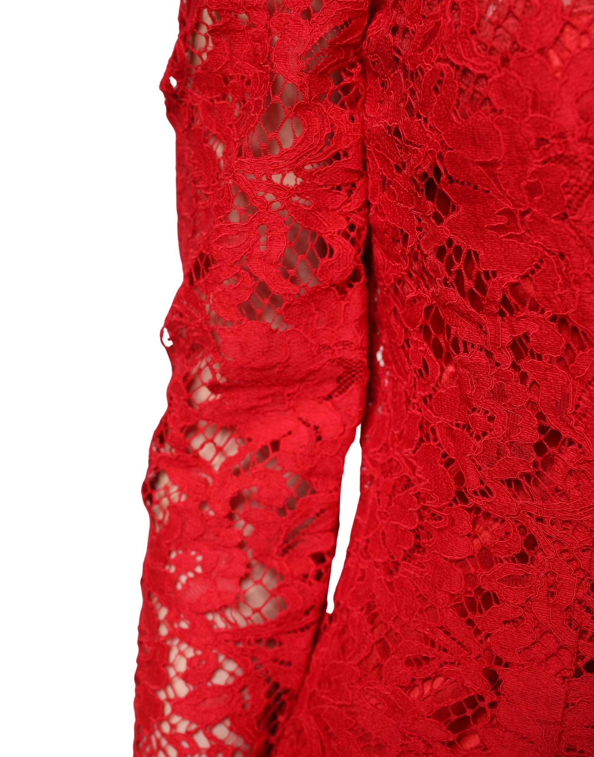 Dolce & Gabbana Rotes Spitzen-Oberteil mit Blumenstickerei und langen Ärmeln