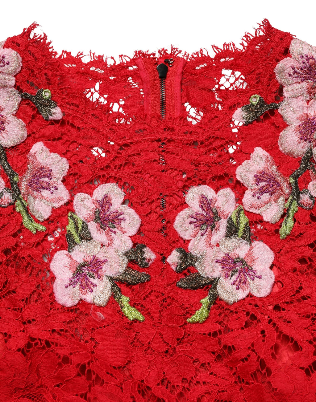 Dolce & Gabbana Rotes Spitzen-Oberteil mit Blumenstickerei und langen Ärmeln