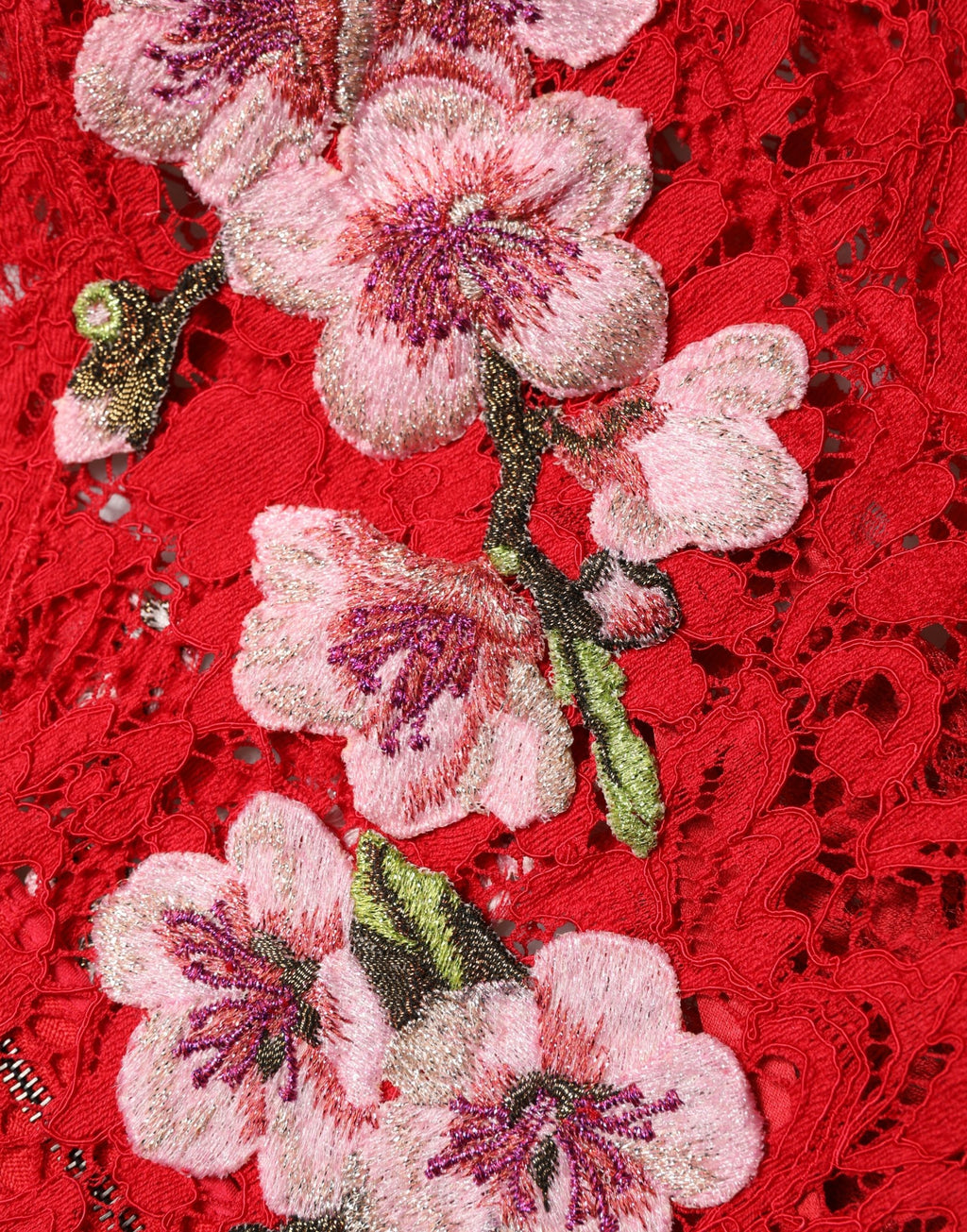 Dolce & Gabbana Rotes Spitzen-Oberteil mit Blumenstickerei und langen Ärmeln