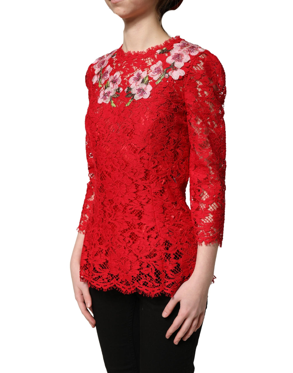 Dolce & Gabbana Rotes Spitzen-Oberteil mit Blumenstickerei und langen Ärmeln