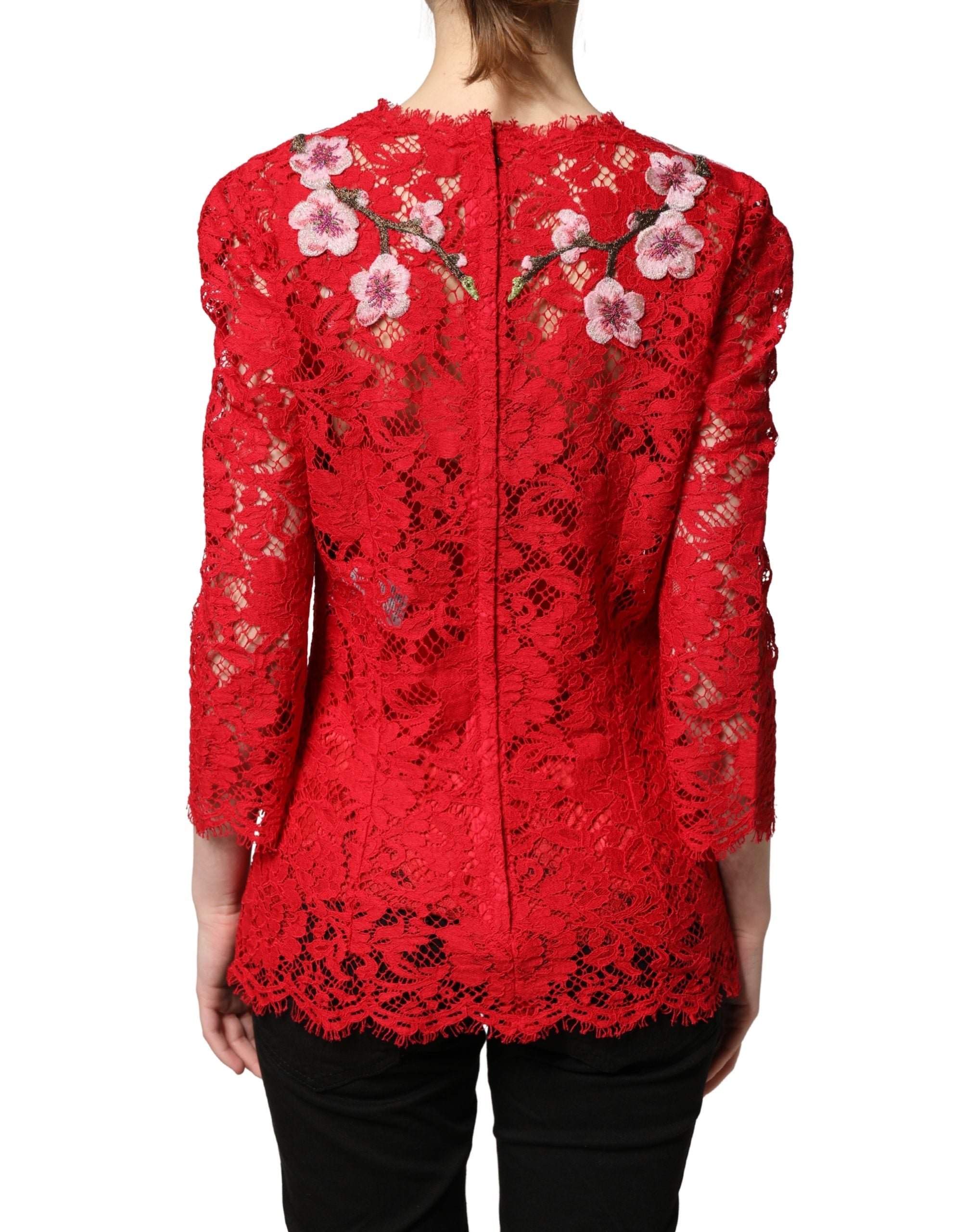 Dolce & Gabbana Rotes Spitzen-Oberteil mit Blumenstickerei und langen Ärmeln