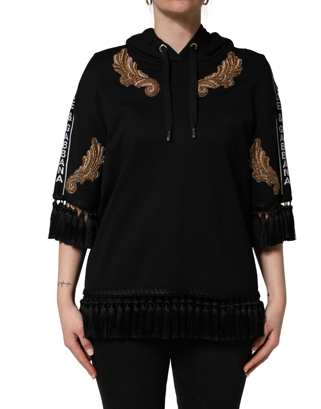 Dolce & Gabbana Schwarzer Kapuzenpullover mit Stickerei und Quasten