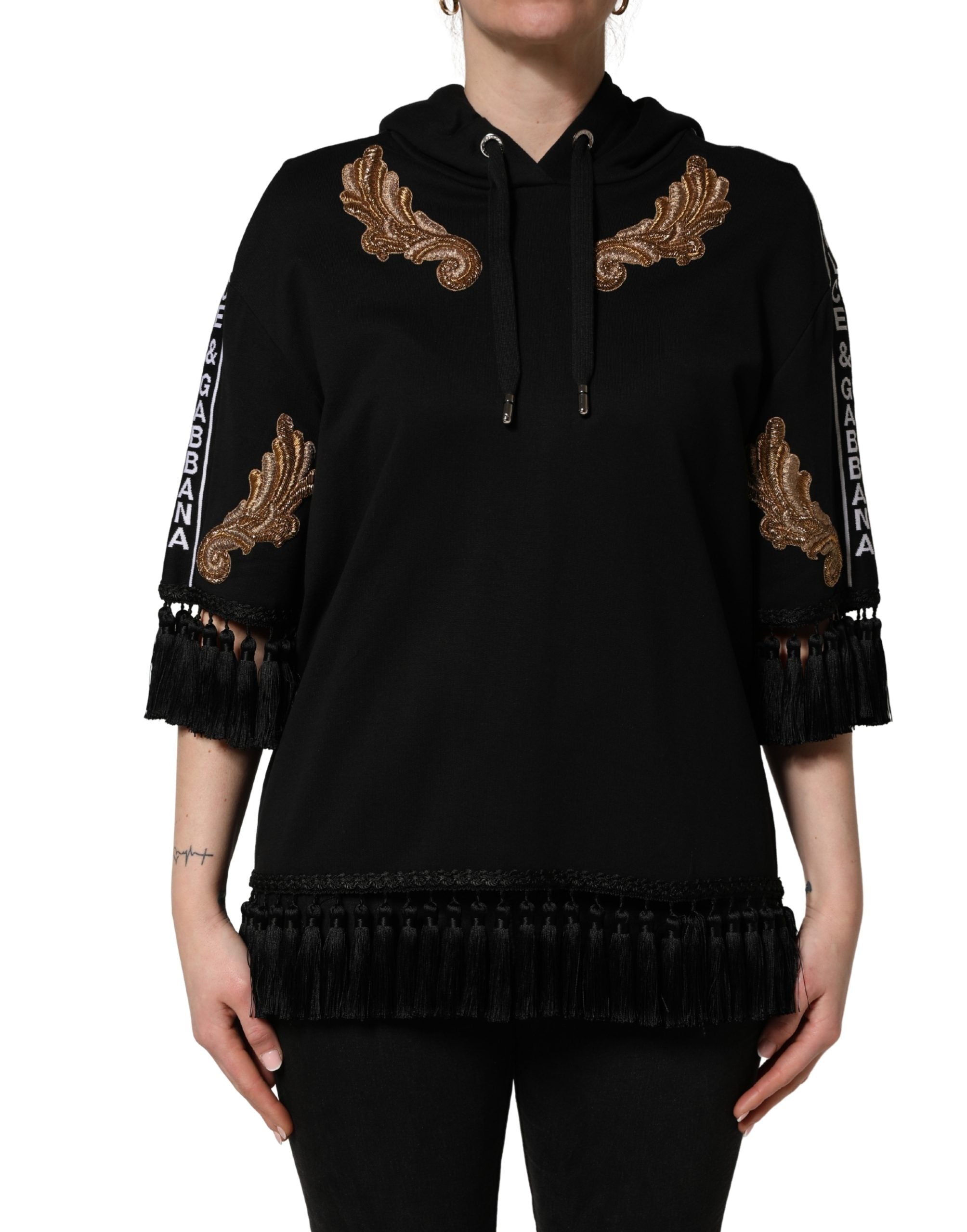 Dolce & Gabbana Schwarzer Kapuzenpullover mit Stickerei und Quasten