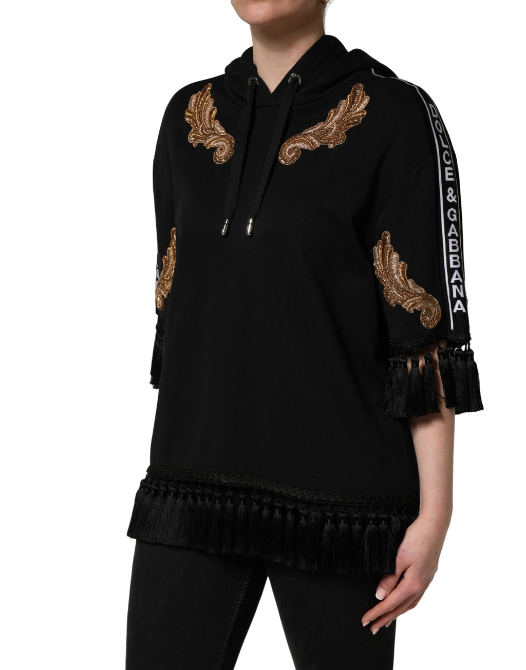 Dolce & Gabbana Schwarzer Kapuzenpullover mit Stickerei und Quasten