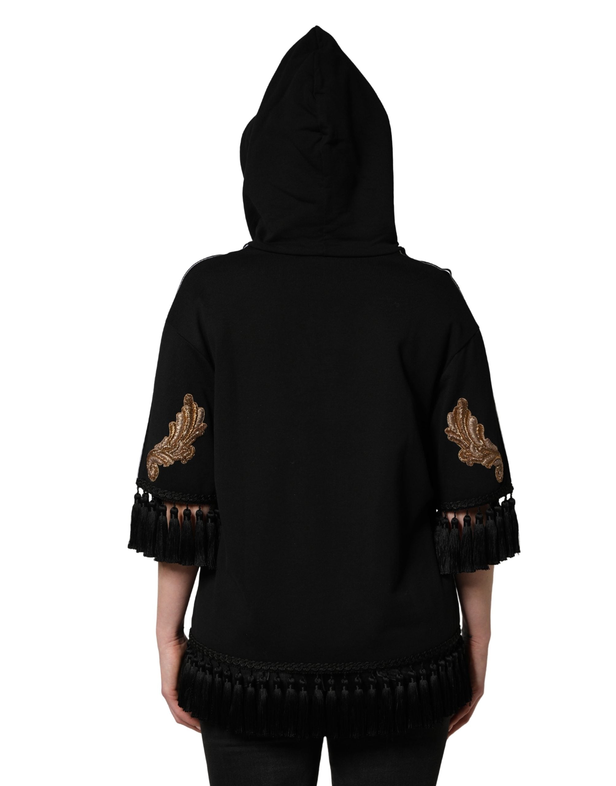 Dolce & Gabbana Schwarzer Kapuzenpullover mit Stickerei und Quasten