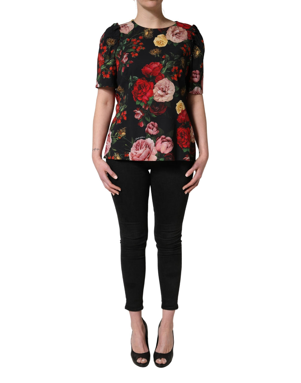 Dolce & Gabbana Schwarze Bluse aus Krepp mit Blumenprint und Rüschenbesatz