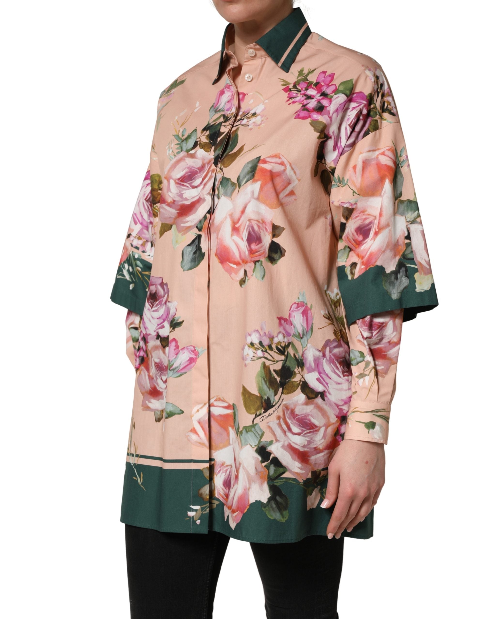 Dolce & Gabbana Pink Floral Cotton Button Front Shirt Top