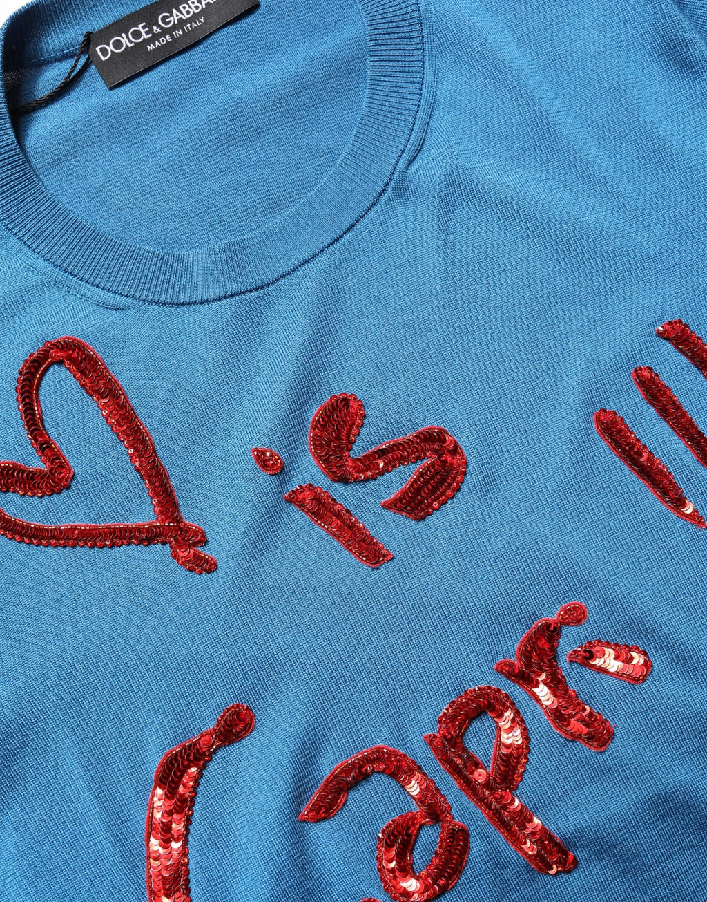 Dolce & Gabbana Blauer Pullover aus Seide mit Pailletten und Rundhalsausschnitt