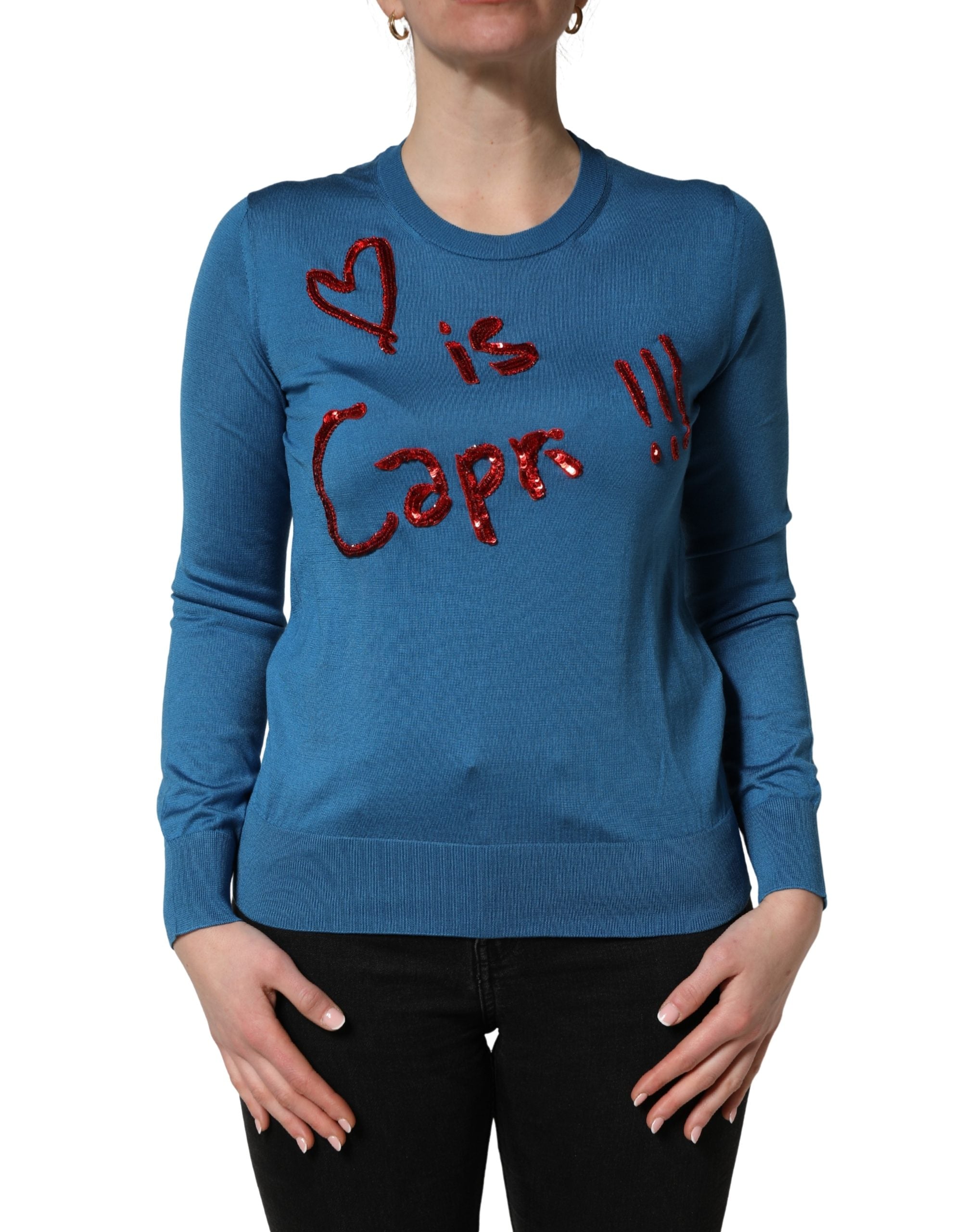 Dolce & Gabbana Blauer Pullover aus Seide mit Pailletten und Rundhalsausschnitt