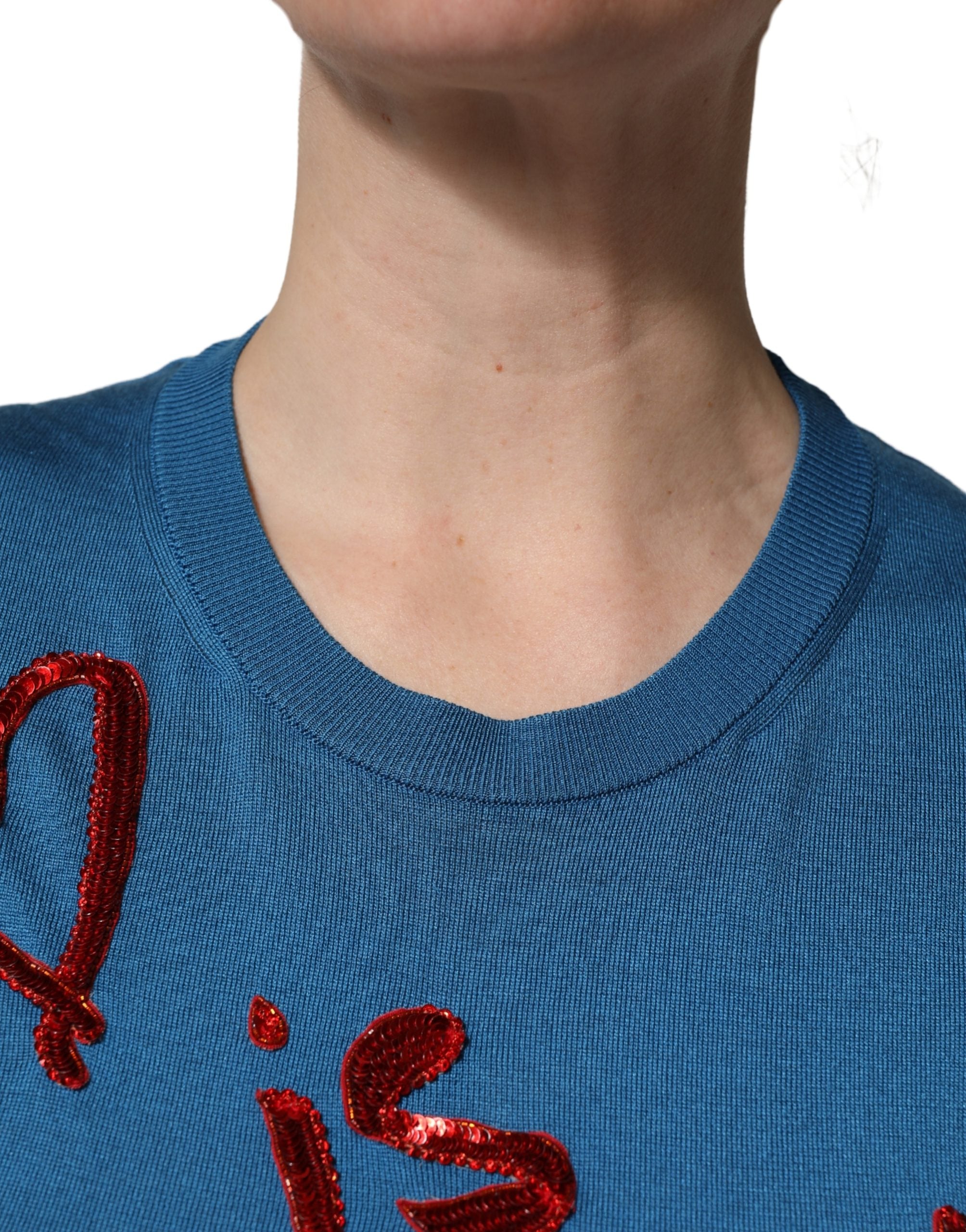 Dolce & Gabbana Blauer Pullover aus Seide mit Pailletten und Rundhalsausschnitt