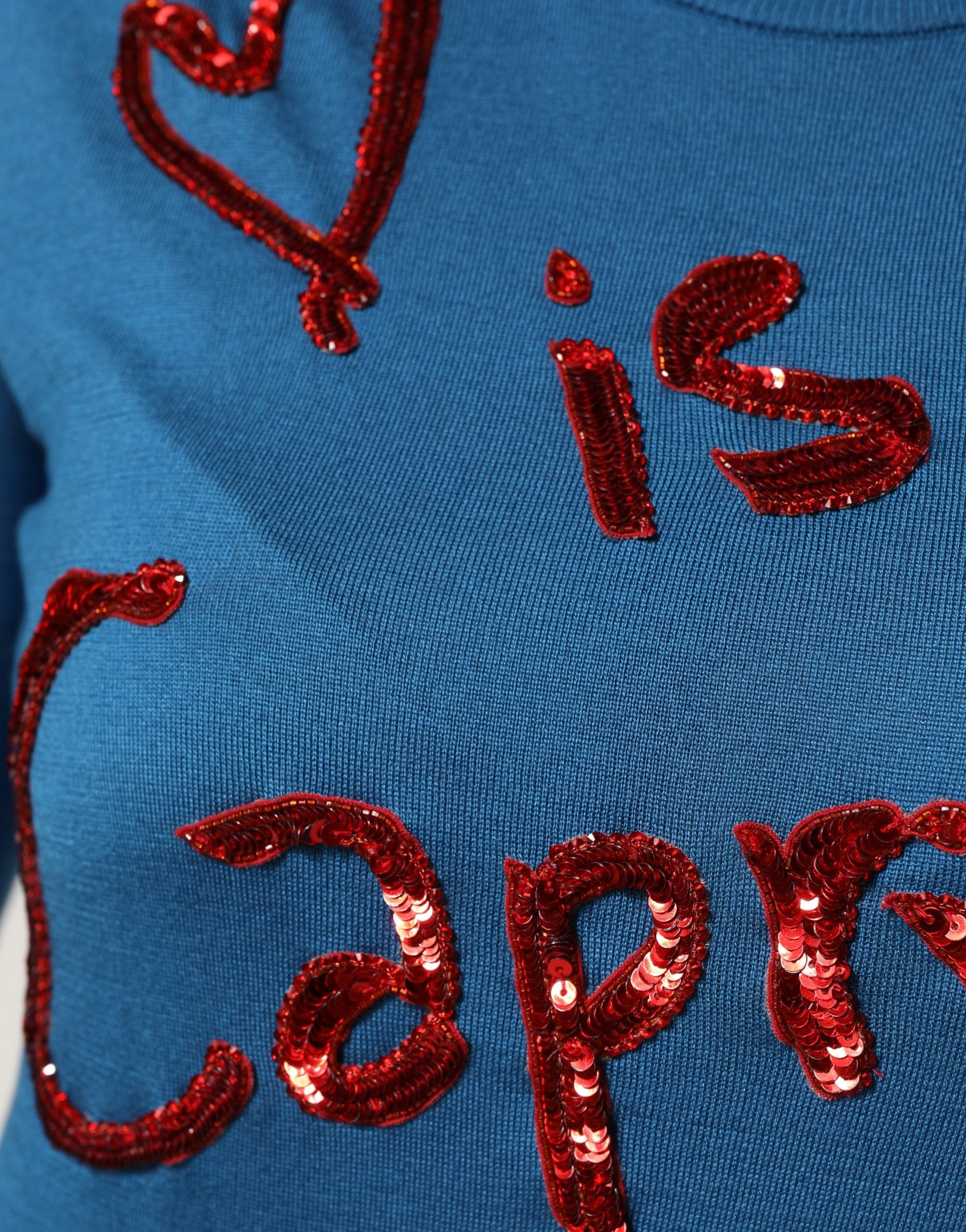 Dolce & Gabbana Blauer Pullover aus Seide mit Pailletten und Rundhalsausschnitt
