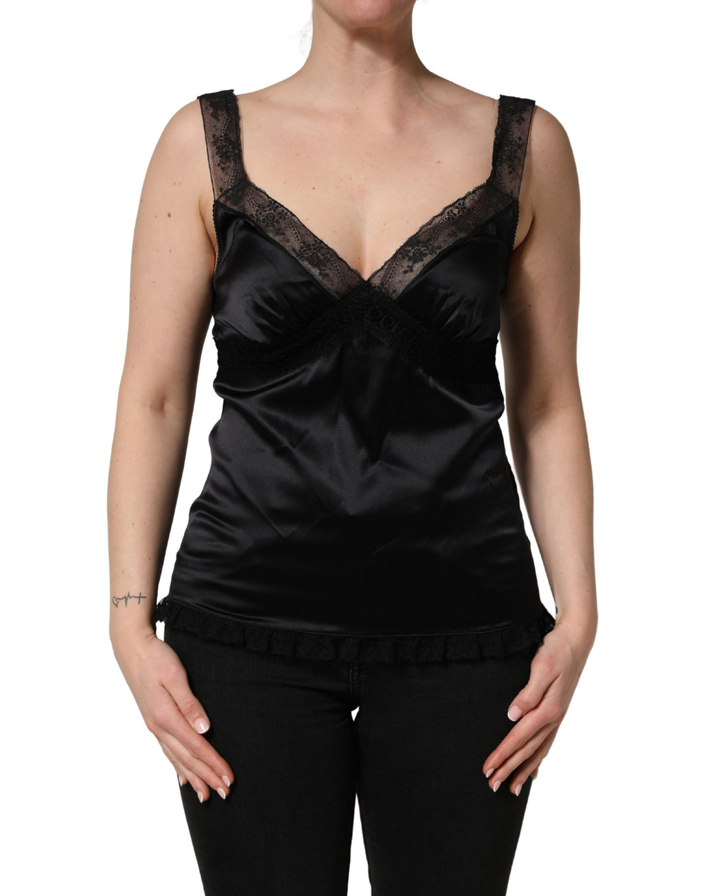 Dolce & Gabbana Schwarzes Seiden-Camisole mit Spitzenbesatz und V-Ausschnitt