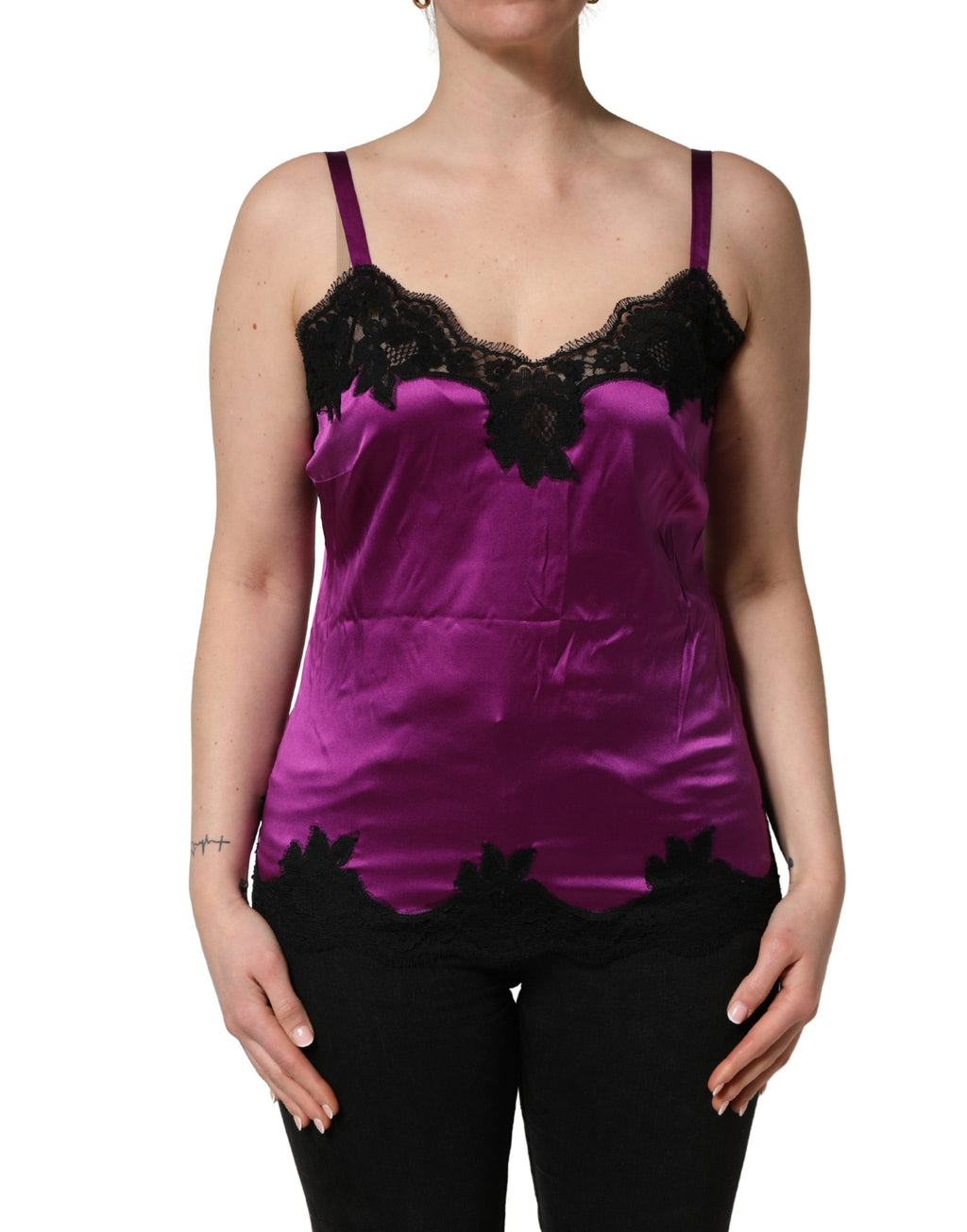 Dolce & Gabbana Lila Seiden-Camisole mit Spitzenbesatz, ärmellos