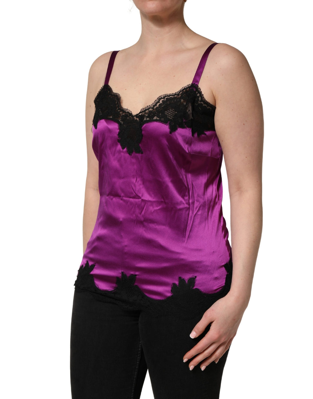 Dolce & Gabbana Lila Seiden-Camisole mit Spitzenbesatz, ärmellos